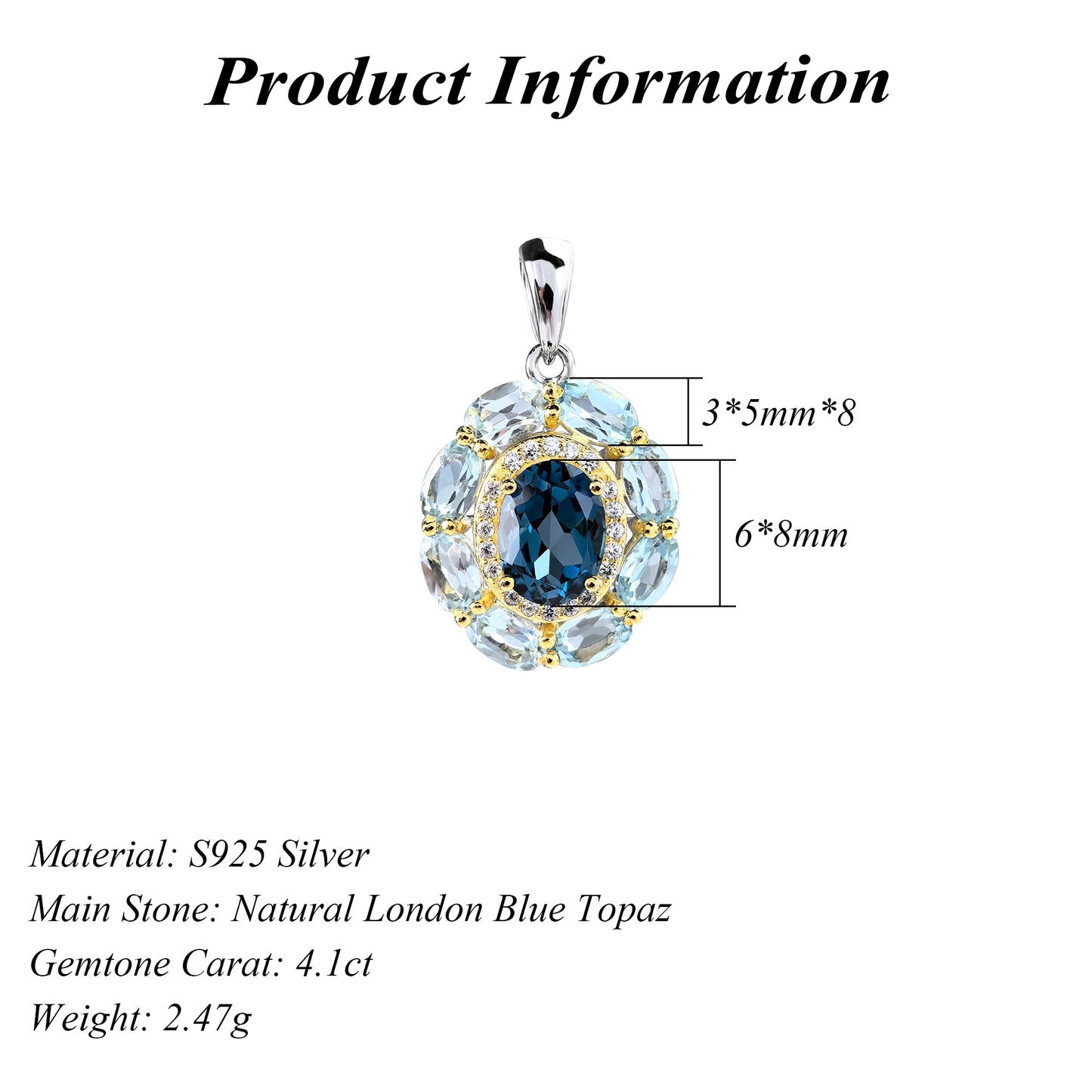 Classic Dual Color Plated 925 Sterling Silver Natural London Blue Topaz Pendant