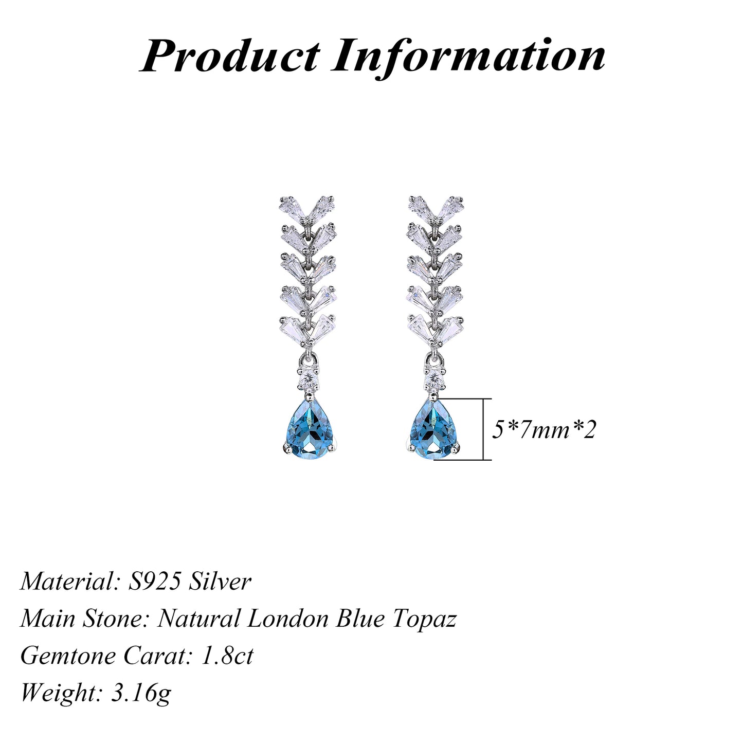 925 Silver Drop Earrings with Natural London Blue Topaz Unique Rhodium Plated