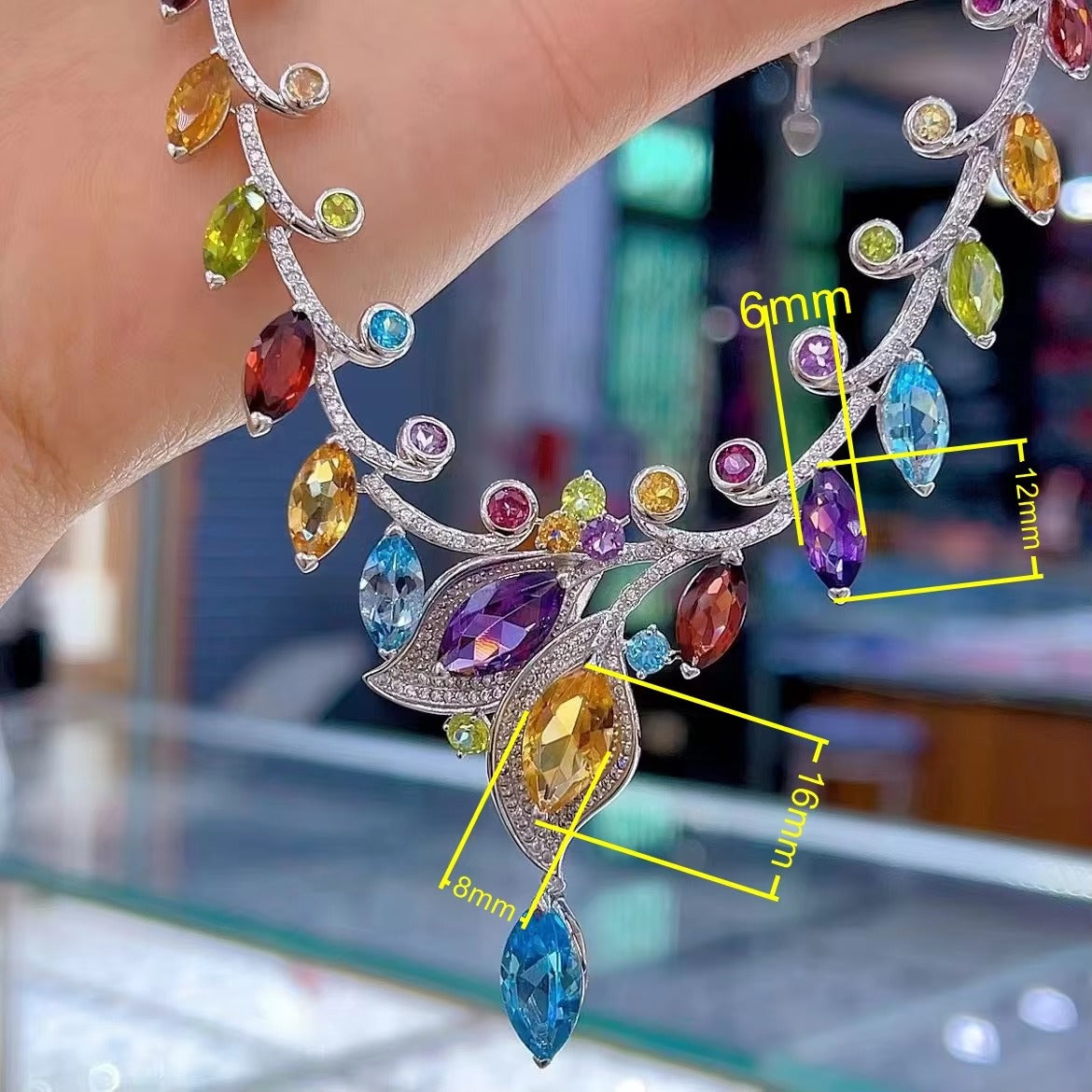 Luxurious Rhodium Plated Silver 925 Multiple Natural Gemstone Leaf Necklace