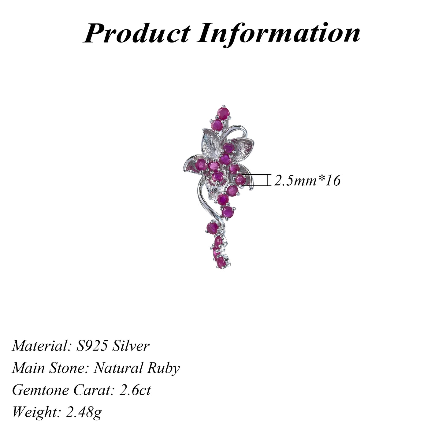Luxurious Rhodium Plated Silver 925 Jewelry Natural Ruby Flower Pendant