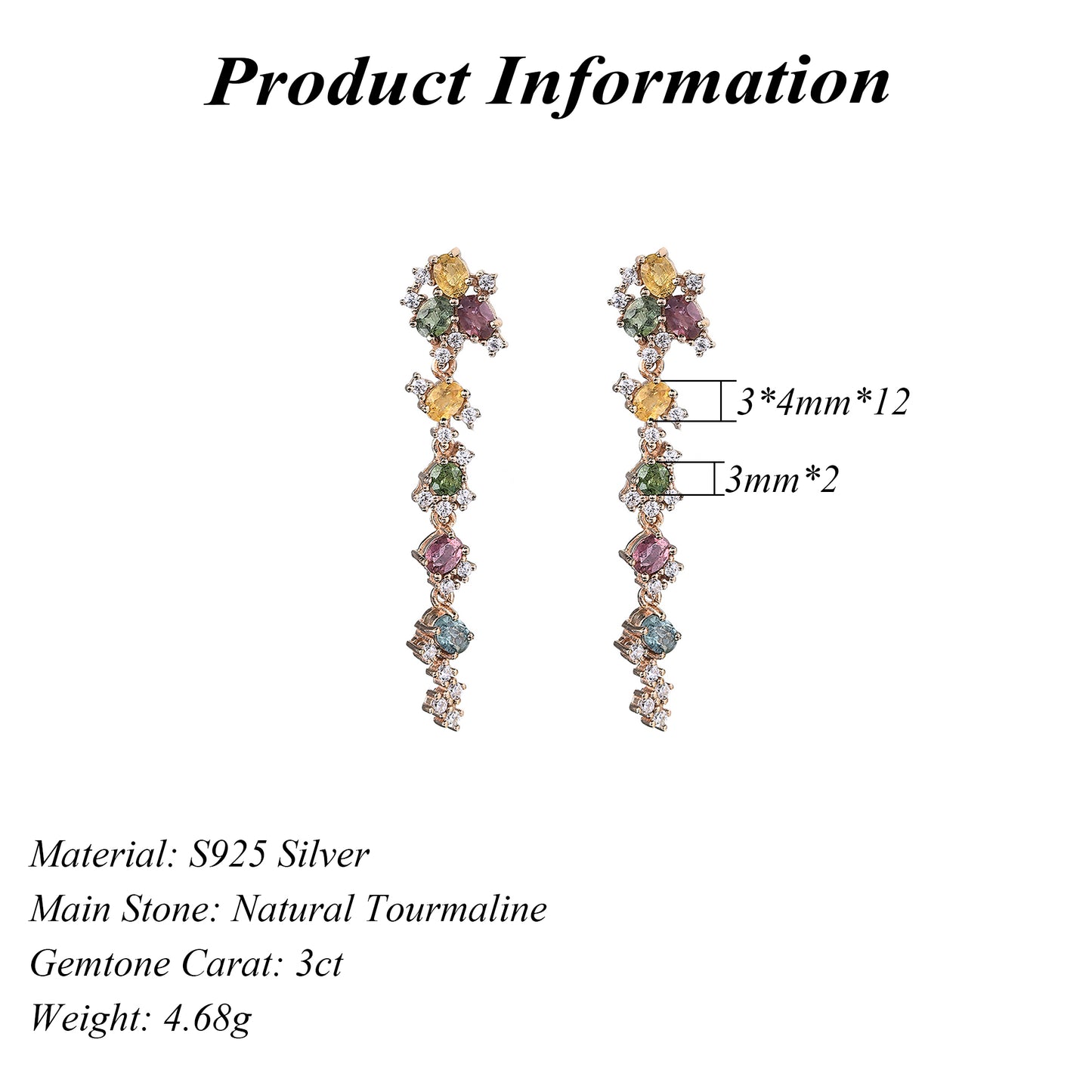 Delicate Rose Gold Plated 925 Sterling Silver Natural Tourmaline Drop Earrings