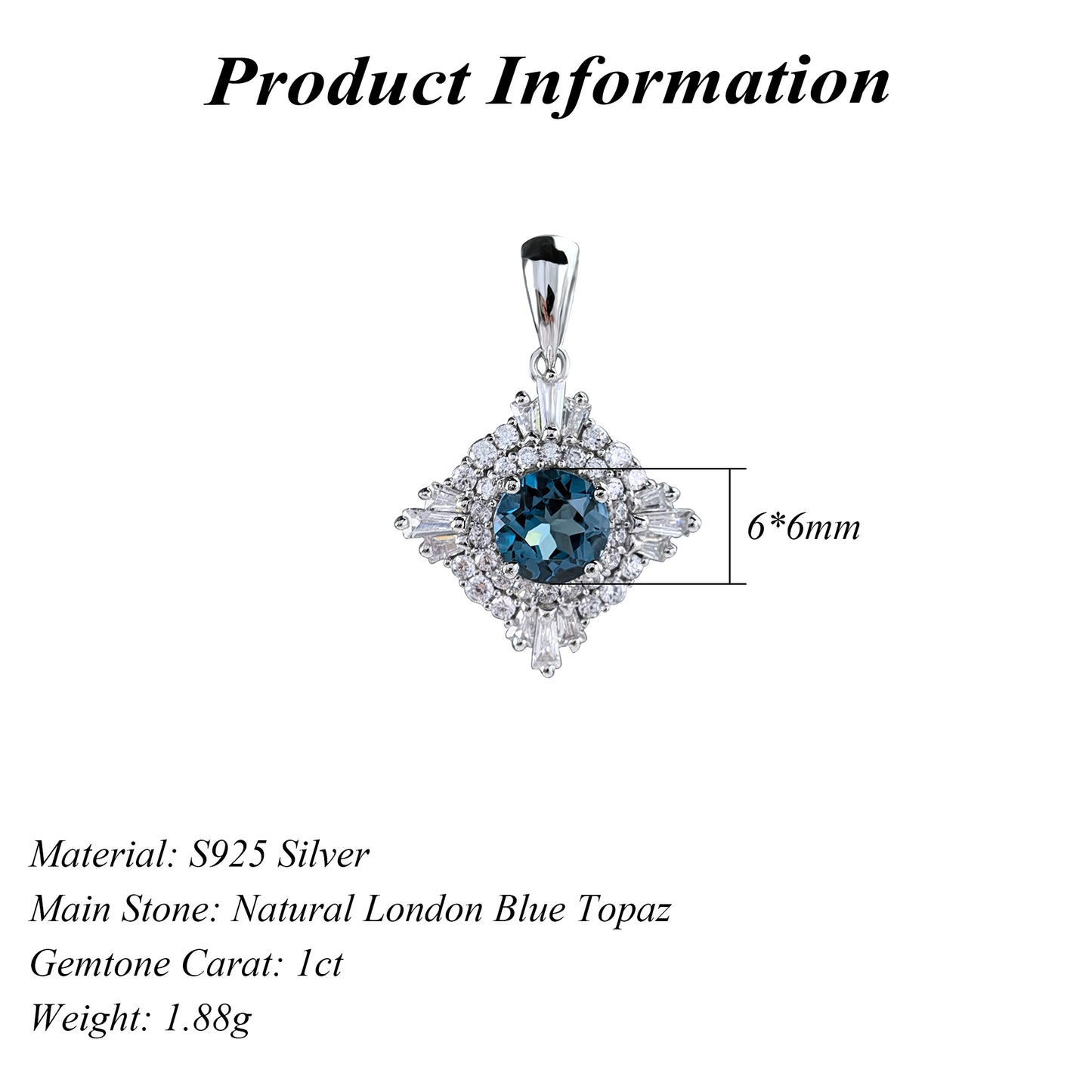 Gorgeous Rhodium Plated 925 Sterling Silver Natural London Blue Topaz Pendant