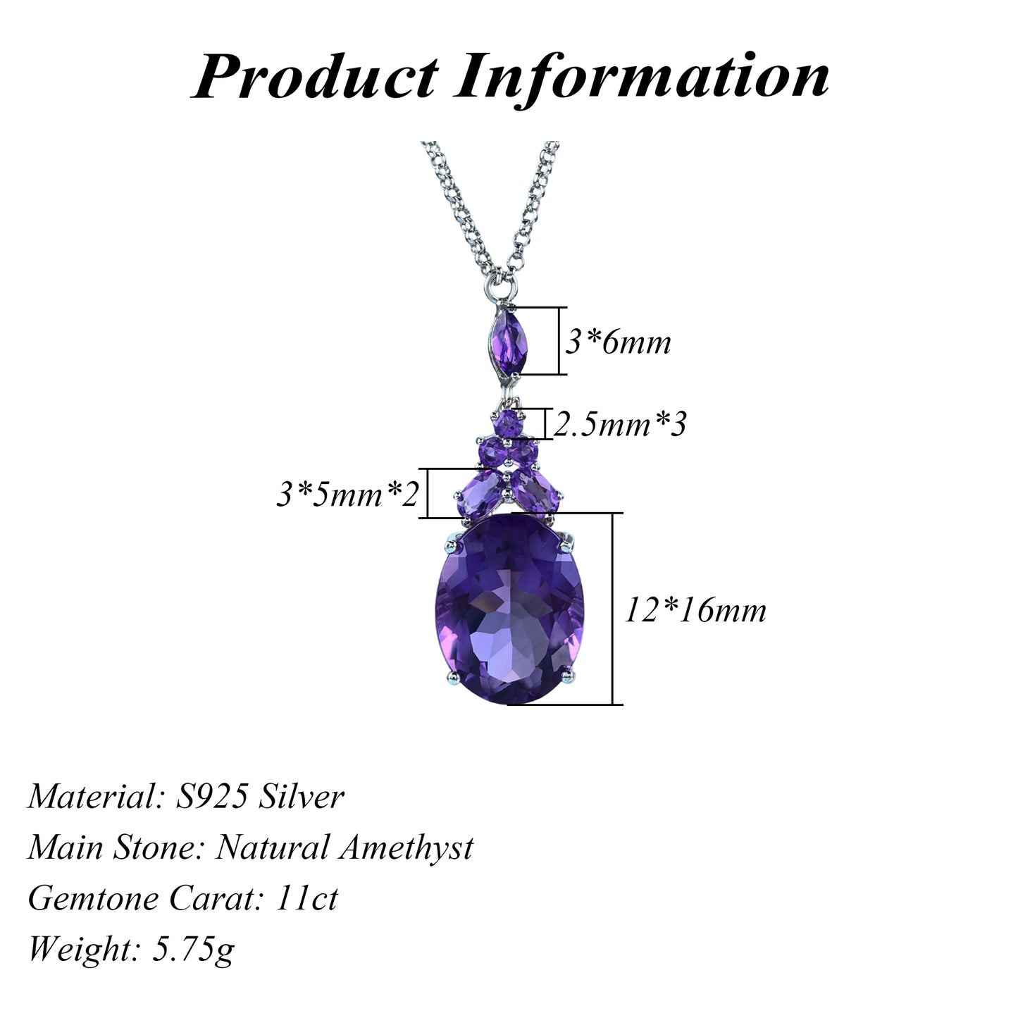 Graceful Rhodium Plated Silver 925 Jewelry Natural Amethyst Necklace