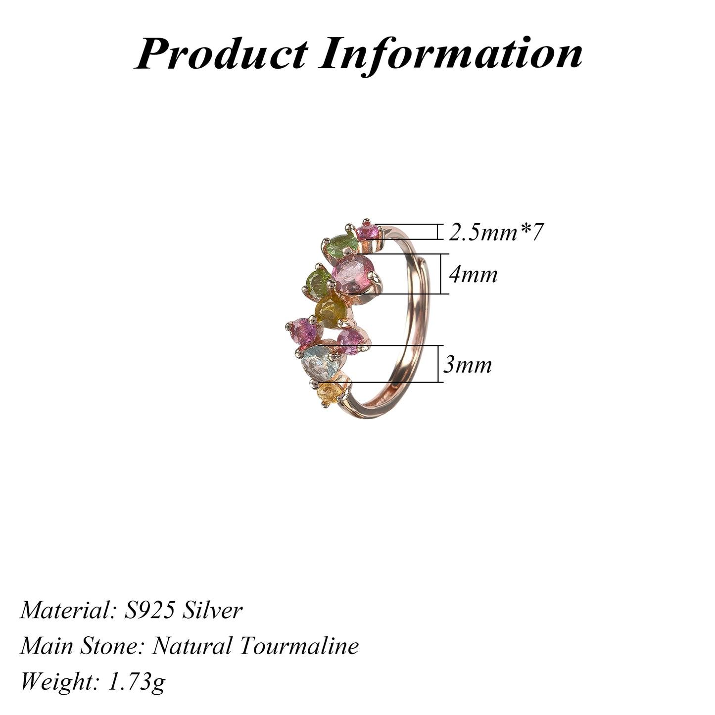 Delicate Rose Gold Plated Silver 925 Jewelry Natural Tourmaline Ring