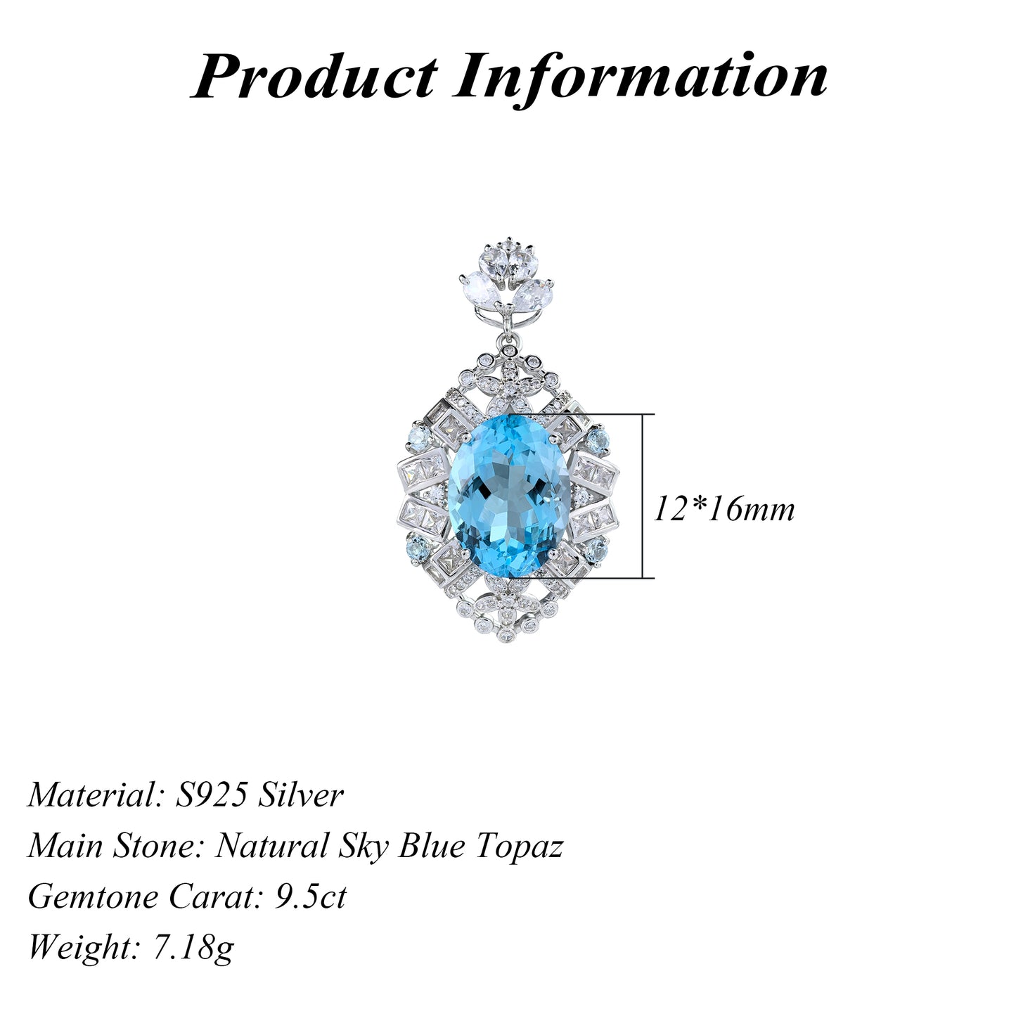 Unique Rhodium Plated 925 Sterling Silver Natural Sky Blue Topaz Pendant