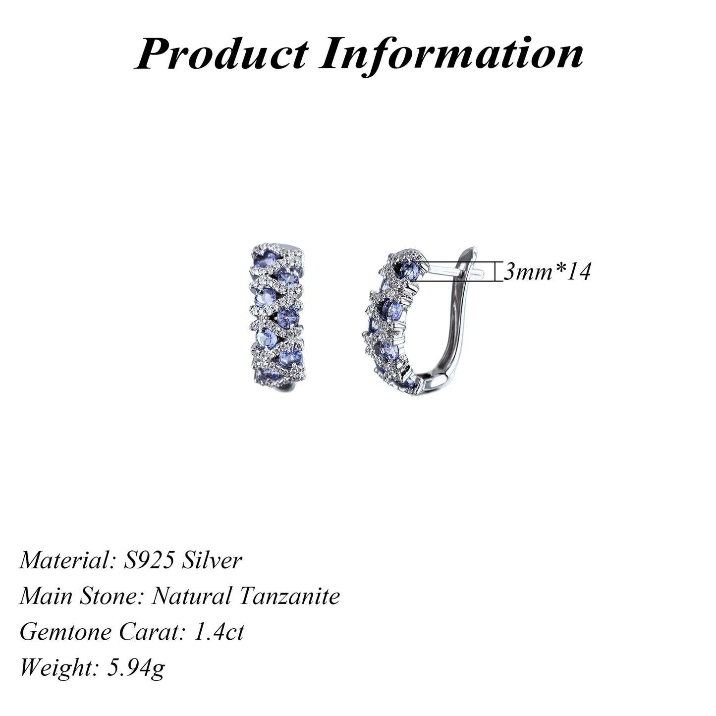 Exquisite Rhodium Plated Silver 925 Jewelry Natural Tanzanite Hoop Earrings