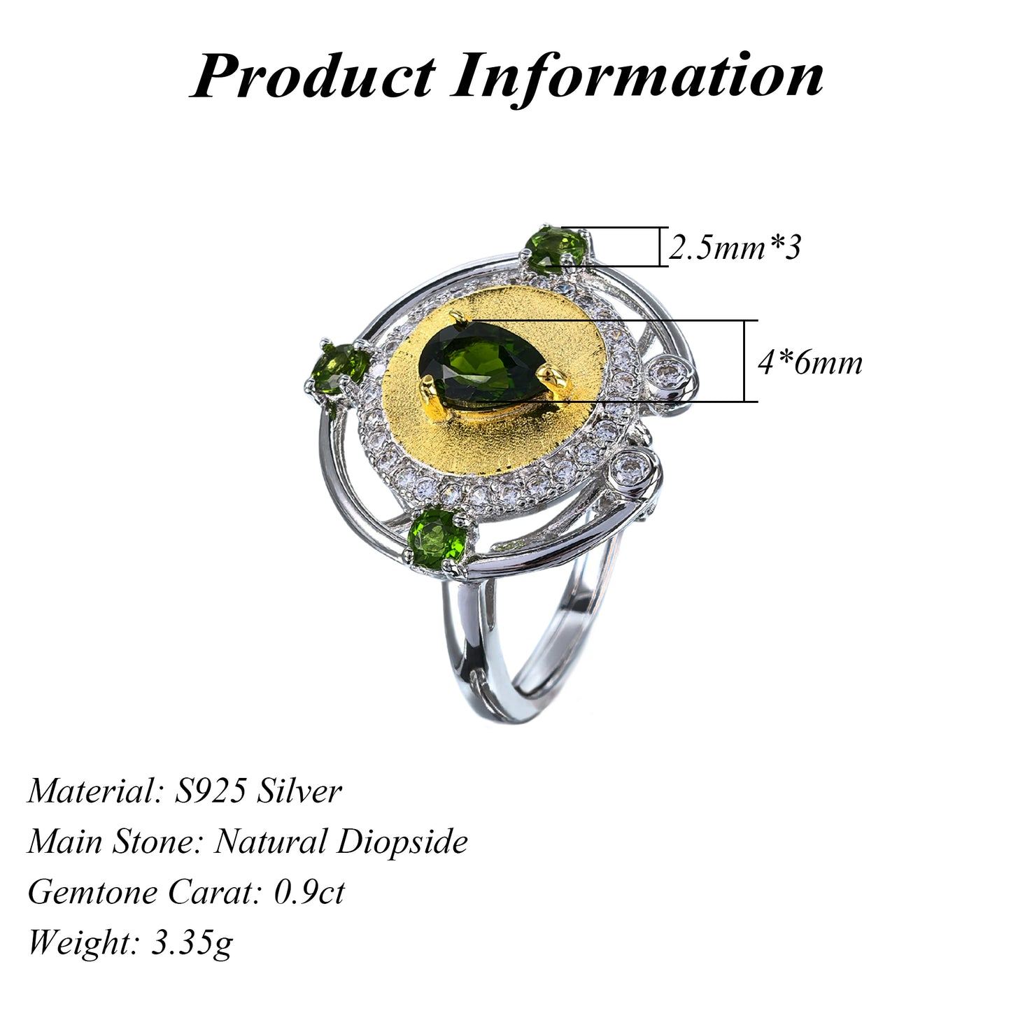 Gorgeous Rhodium and Gold Plated Silver 925 Jewelry Natural Diopside Ring