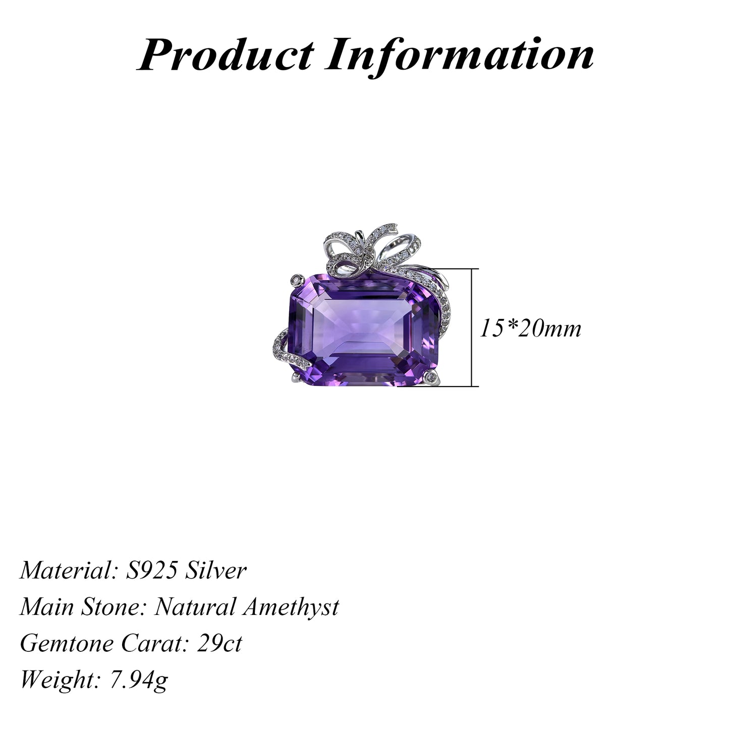 Precious Rhodium Plated 925 Silver Jewelry Natural Amethyst Bow Pendant