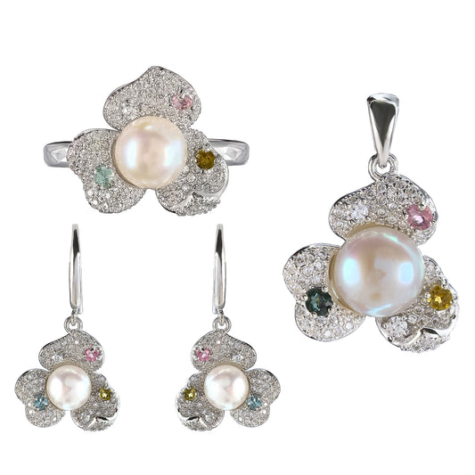 Elegant 925 Sterling Silver Freshwater Pearl Flower Jewelry Set Rhodium Plated