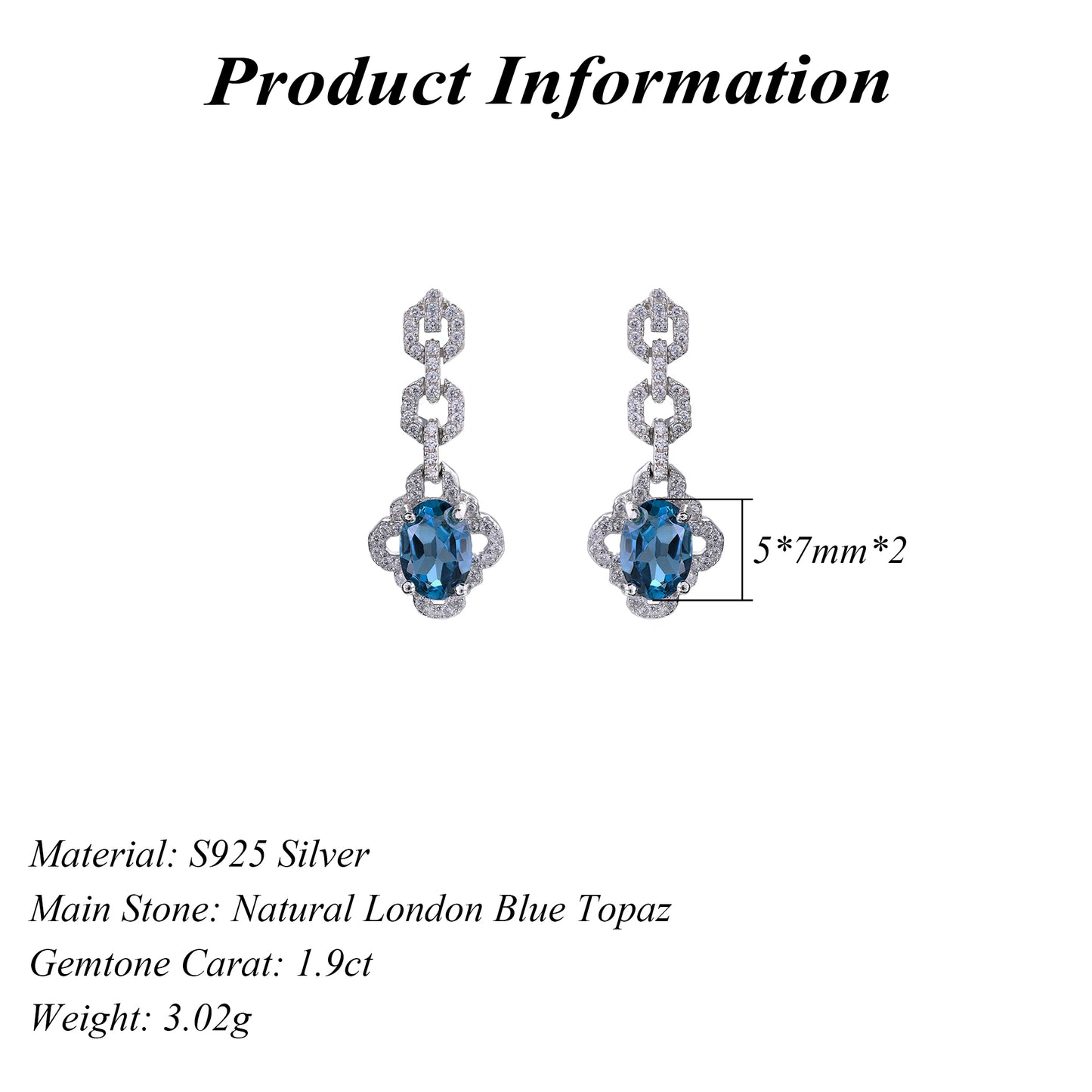 Elegant 925 Silver Rhodium Plated Geometric London Blue Topaz Drop Earrings