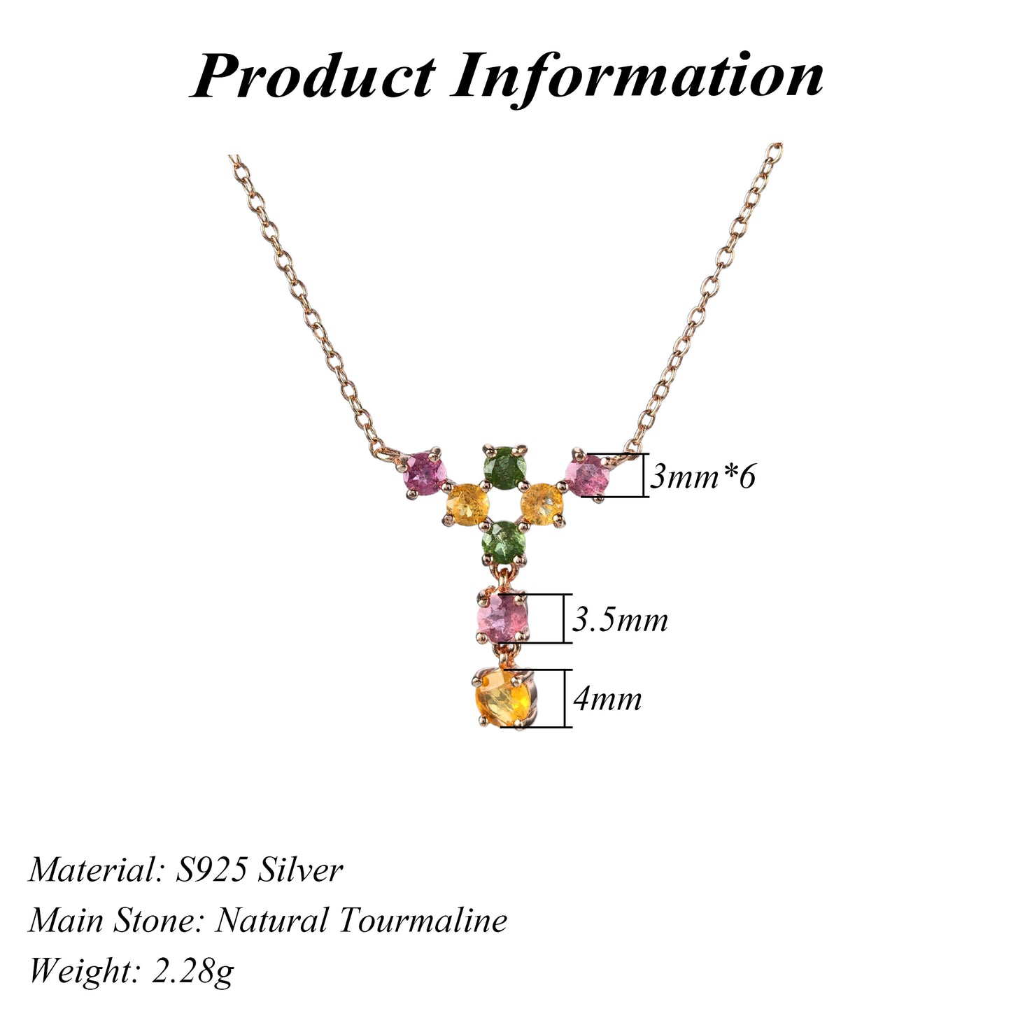 Elegant Rose Gold Plated Silver 925 Jewelry Natural Tourmaline Necklace