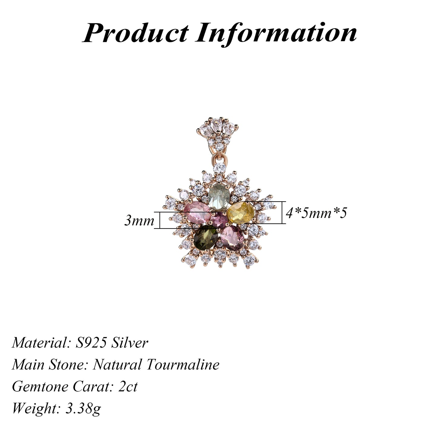 Dazzling Rose Gold Plated 925 Sterling Silver Natural Tourmaline Flower Pendant