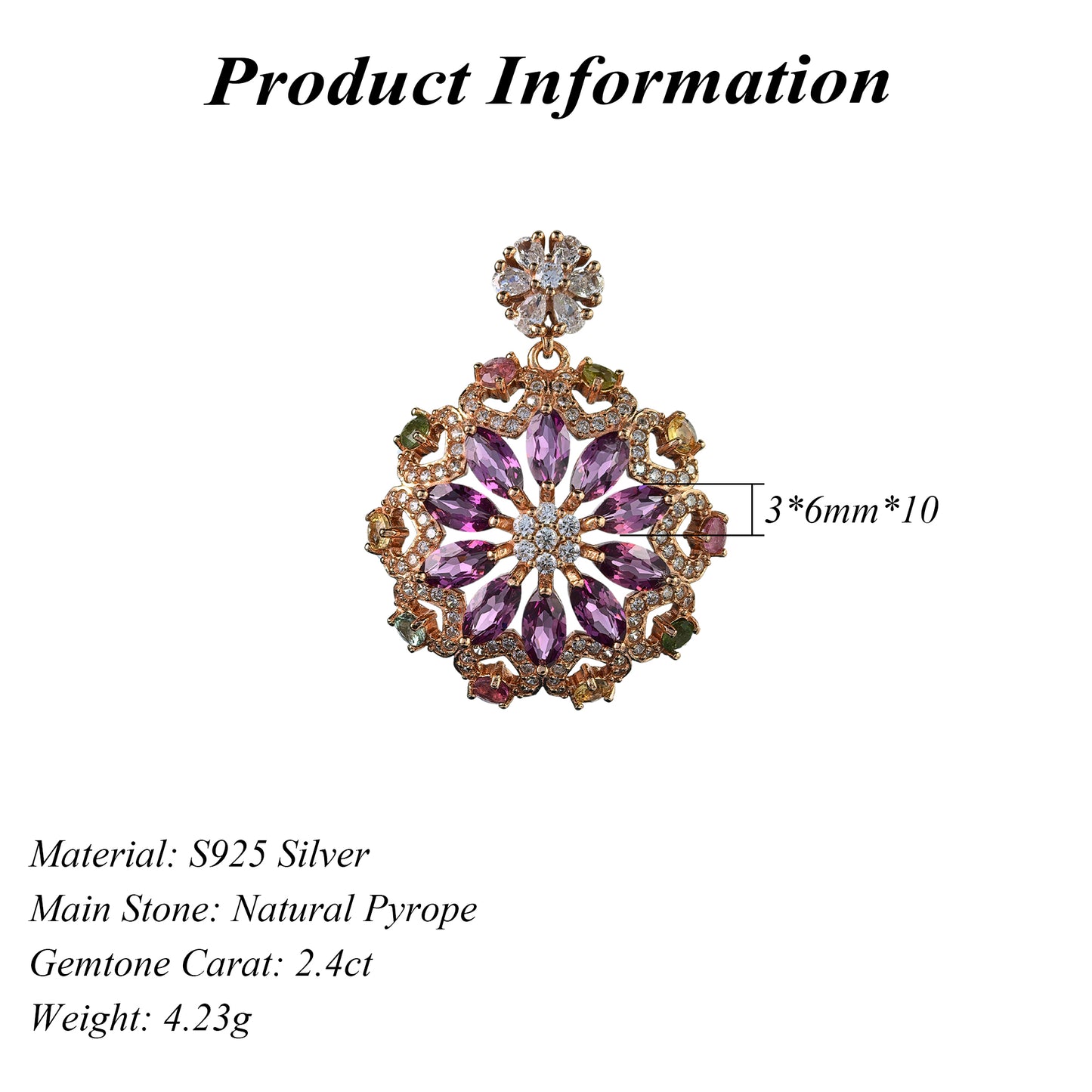 Elegant Rose Gold Plated 925 Silver Jewelry Natural Pyrope Flower Pendant
