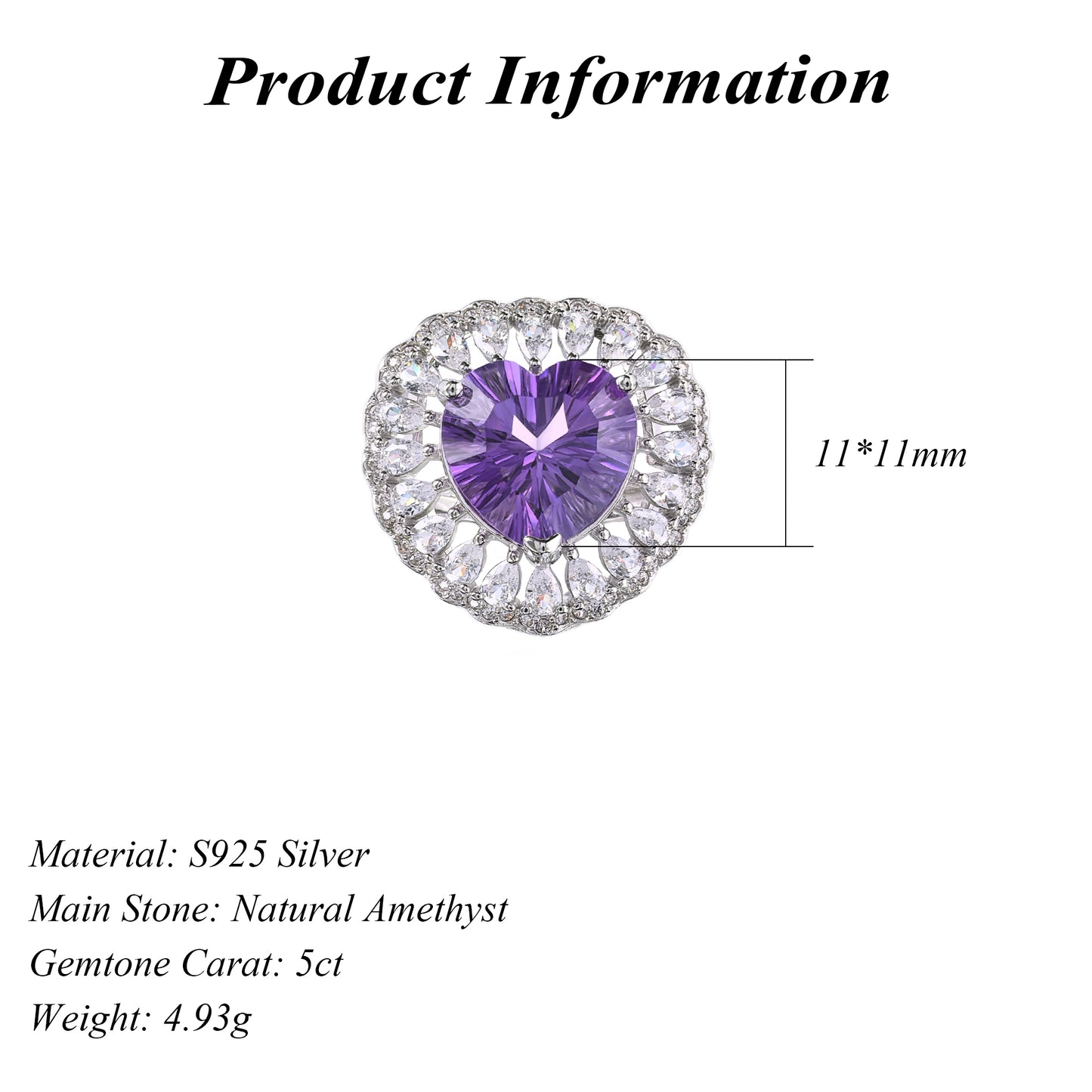 Romantic Rhodium-Plated 925 Sterling Silver Natural Amethyst Heart Gemstone Ring