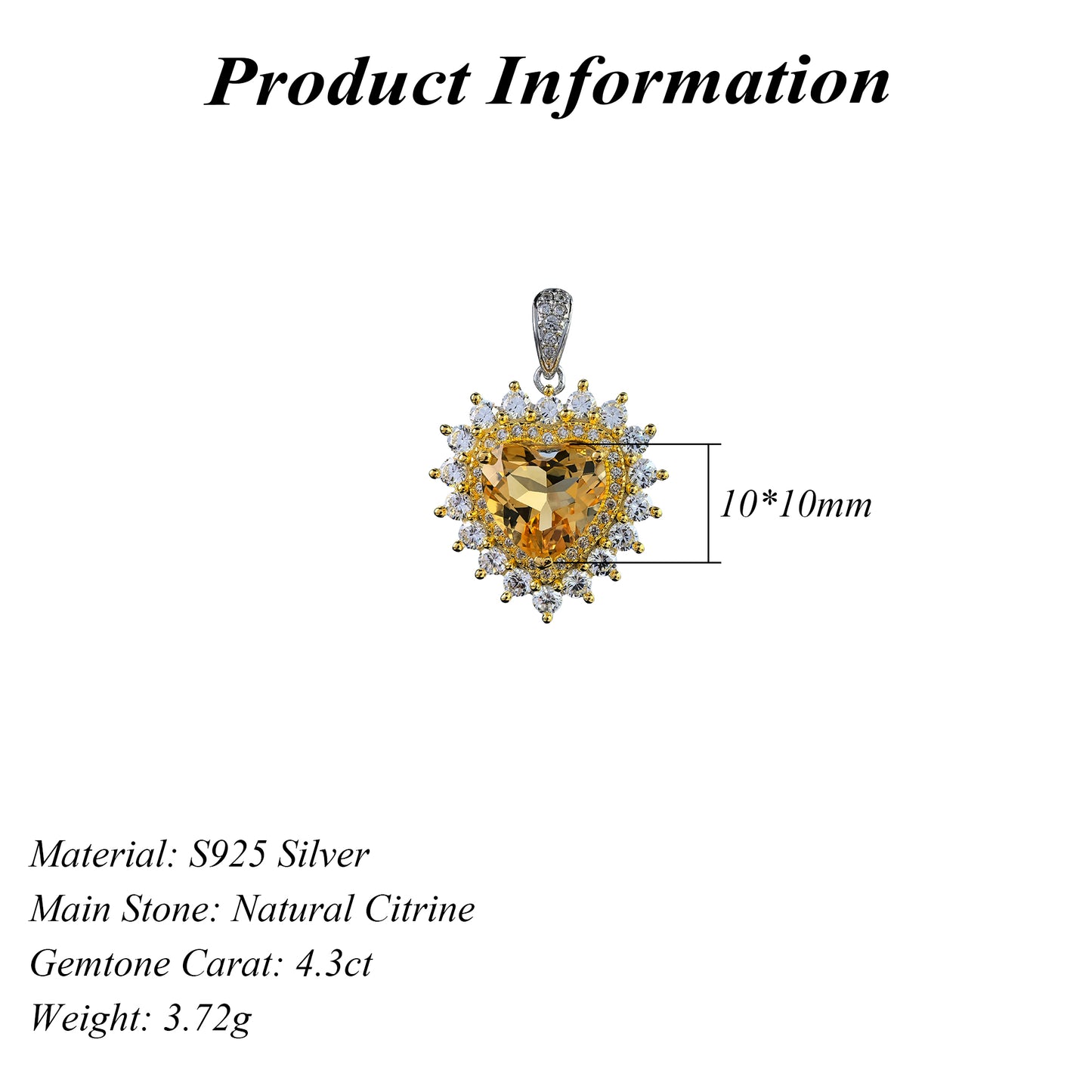 Elegant 925 Silver Natural Citrine Heart Pendant Dual Color Plated