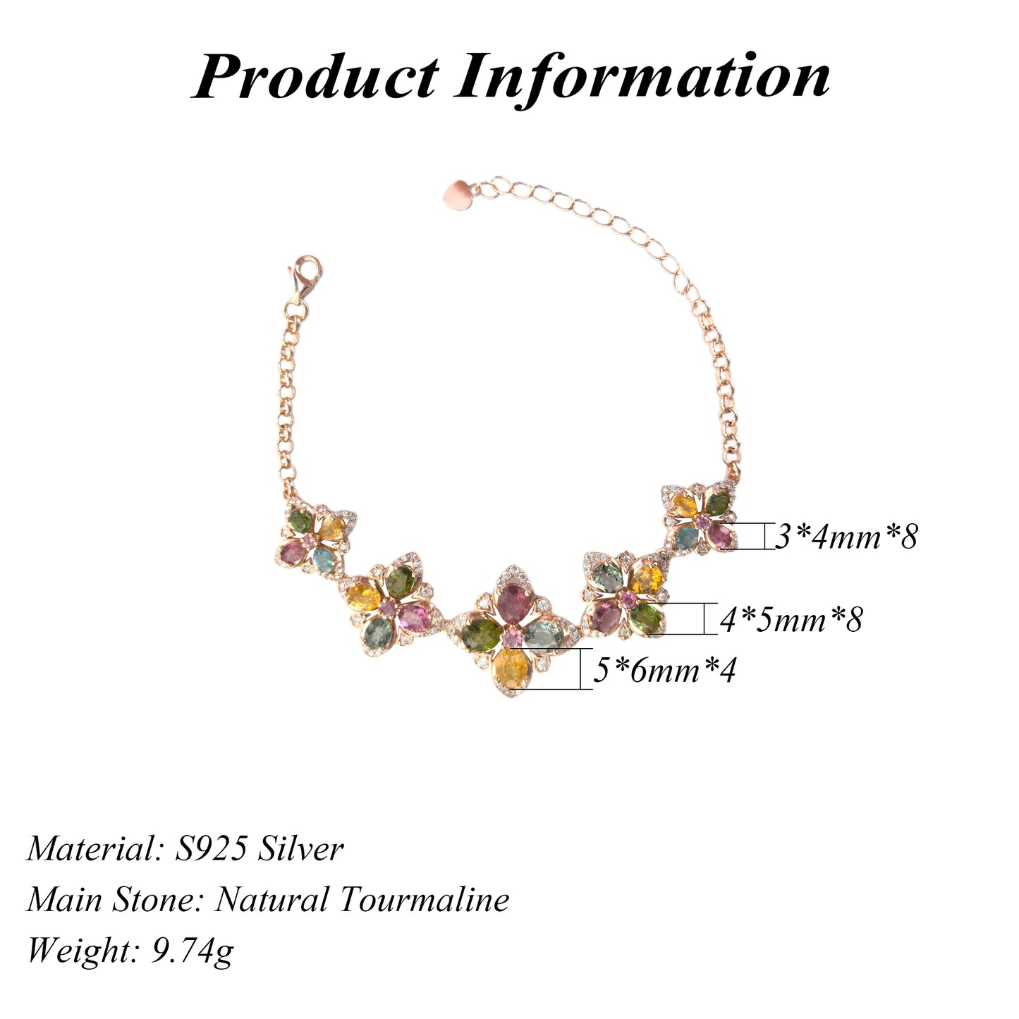 Delicate Rose Gold Plated 925 Sterling Silver Natural Tourmaline Clover Bracelet