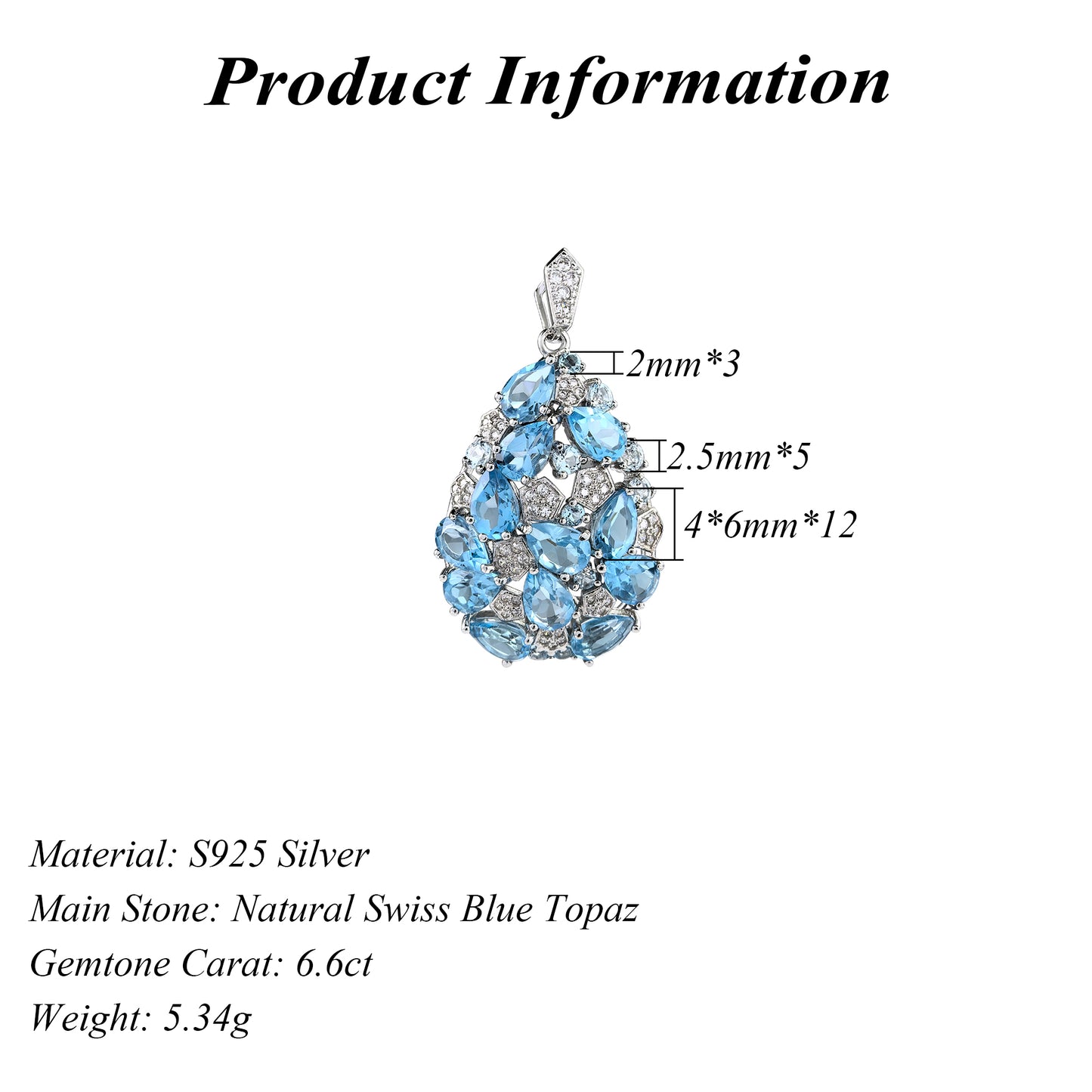 Graceful Rhodium Plated 925 Sterling Silver Natural Swiss Blue Topaz Pendant