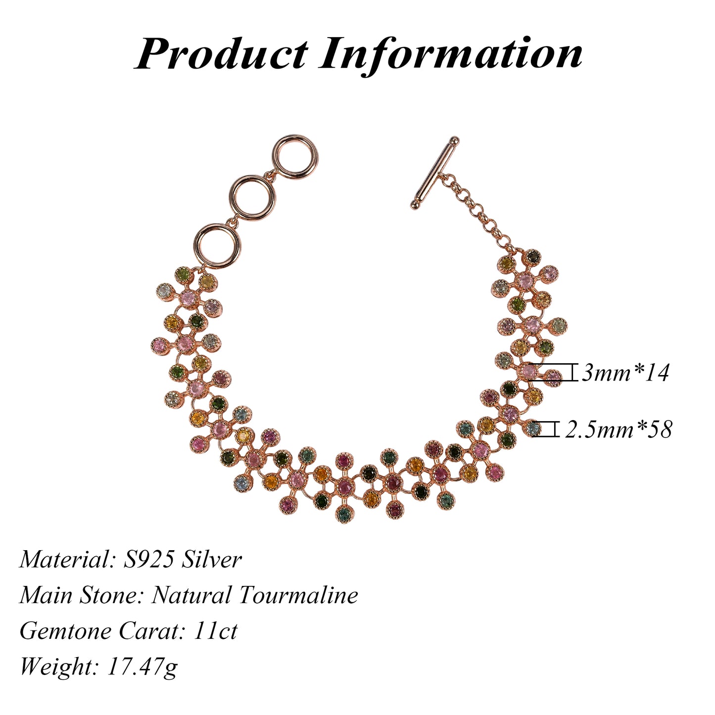 Dazzling Rose Gold Plated Silver 925 Jewelry Natural Tourmaline Bracelet