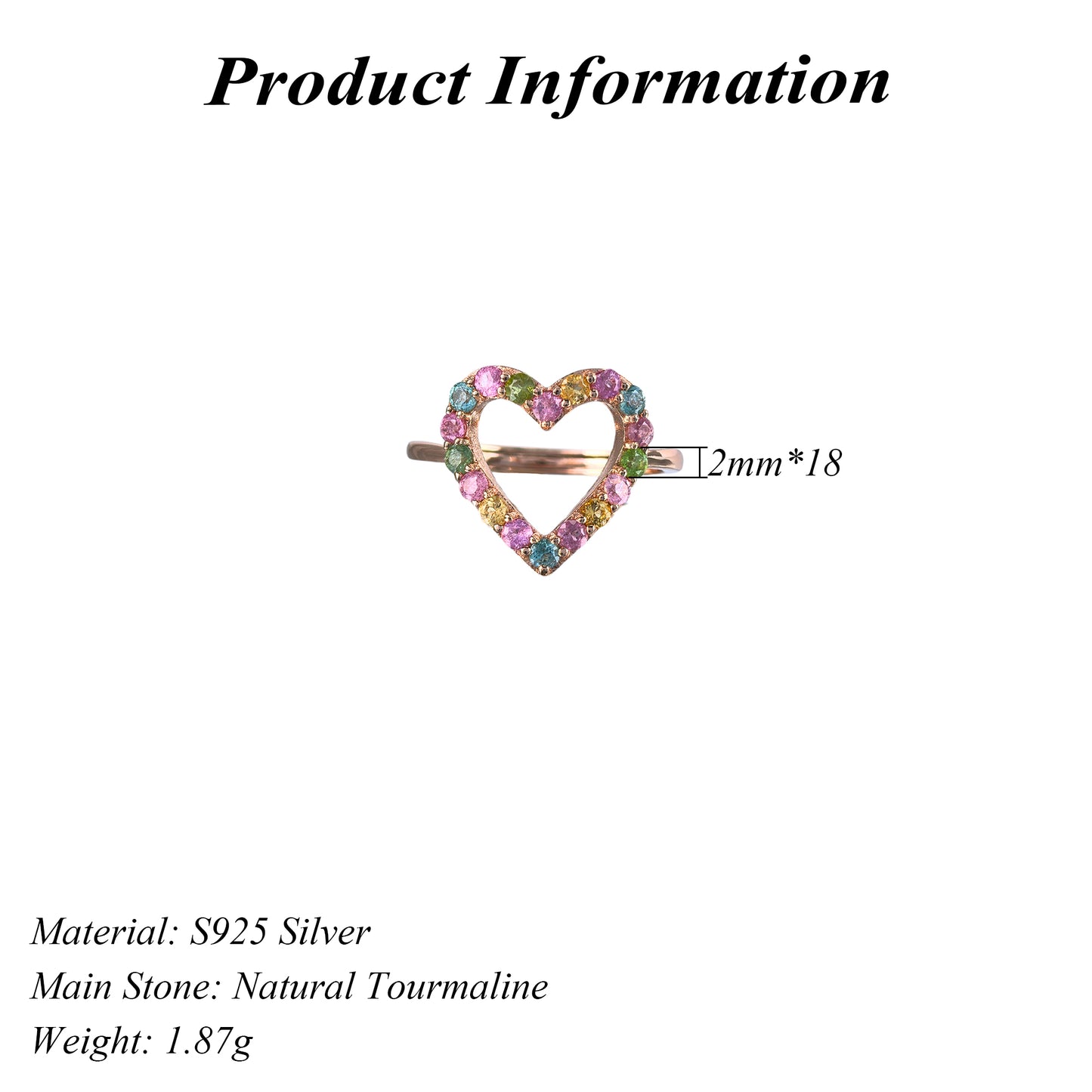 Romantic Rose Gold-Plated 925 Silver Natural Tourmaline Heart Gemstone Ring