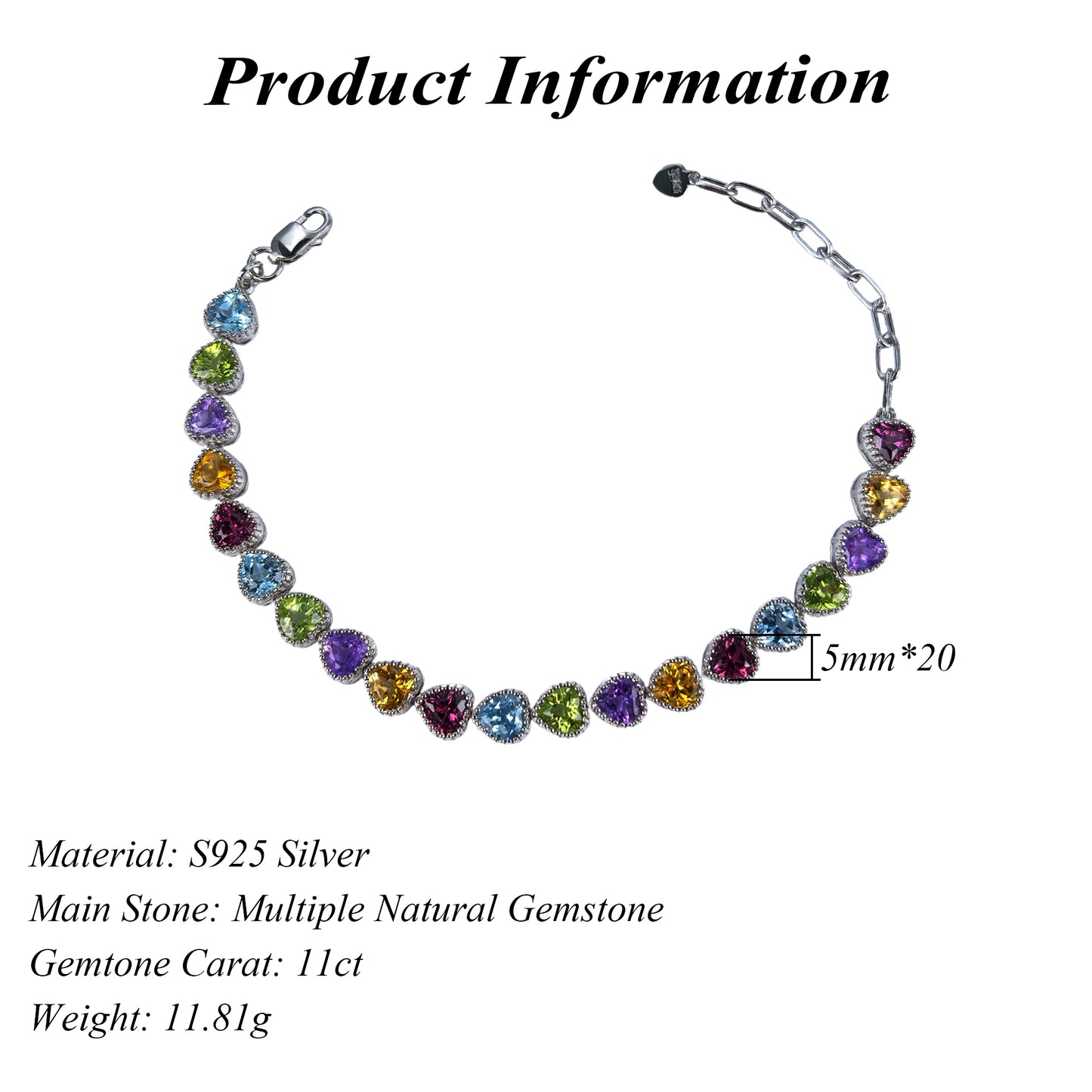 Delicate Rhodium Plated Silver 925 Jewelry Multiple Natural Gemstone Heart Bracelet