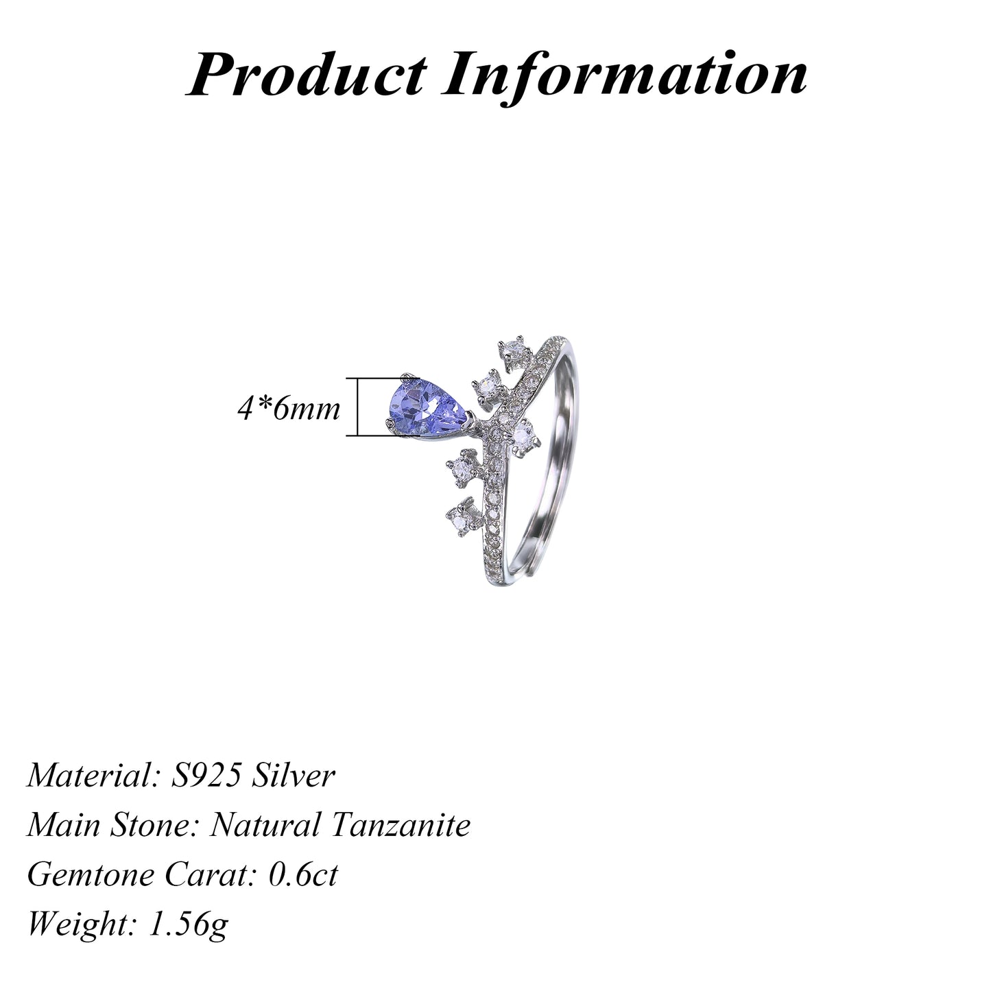 Graceful Rhodium Plated 925 Silver Jewelry Natural Tanzanite Crown Ring