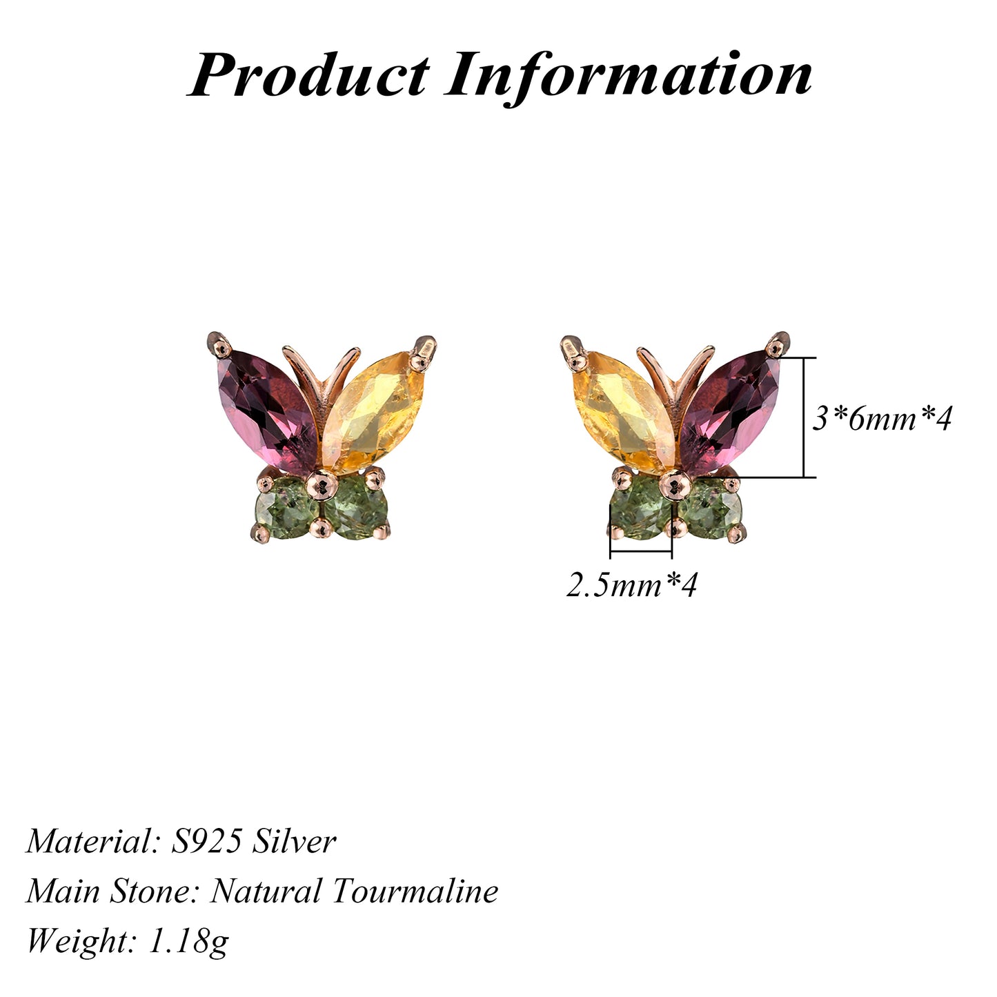 Exquisite Rose Gold Plated 925 Silver Jewelry Natural Tourmaline Butterfly Stud Earrings