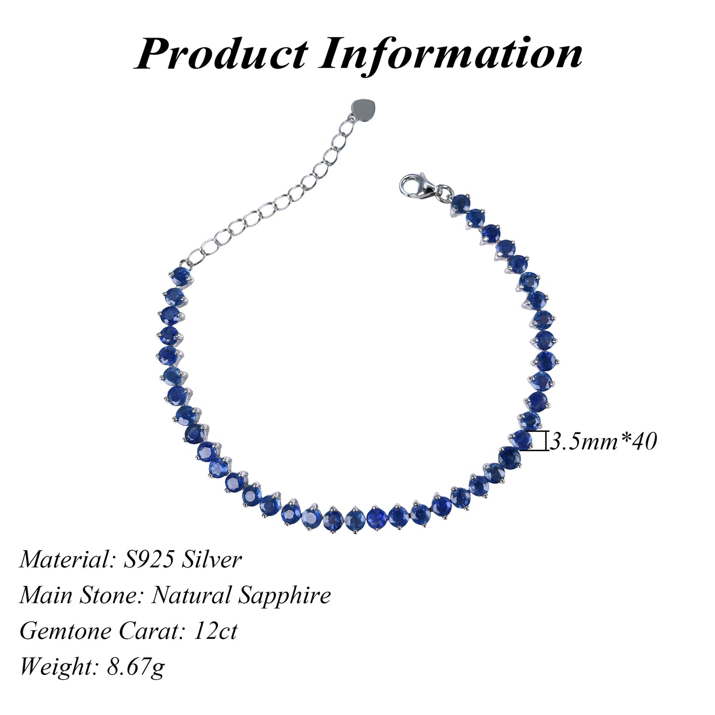 Luxurious Rhodium Plated 925 Sterling Silver Natural Sapphire Bracelet
