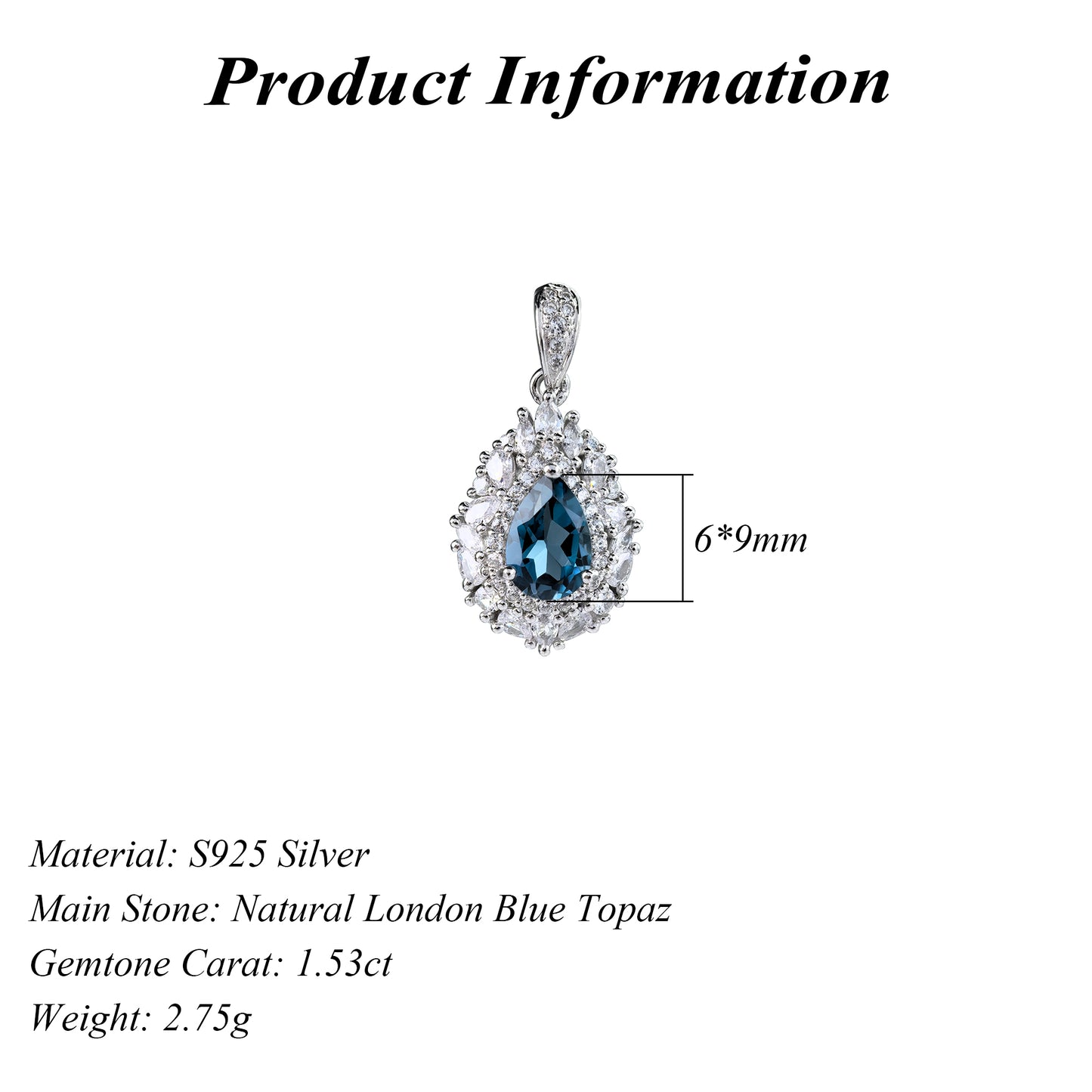 Elegant Rhodium Plated 925 Sterling Silver Natural London Blue Topaz Pendant