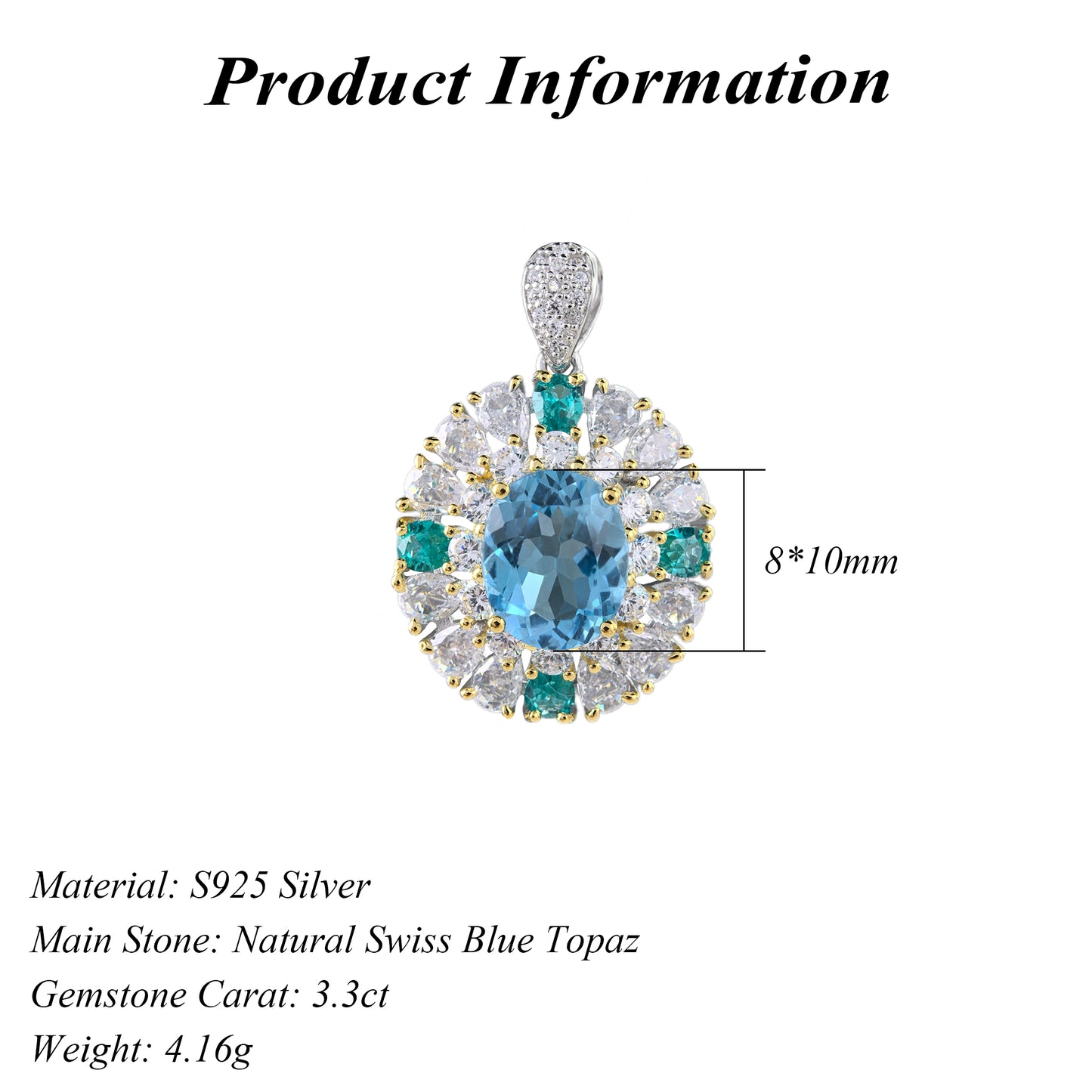 Sparkling Dual Color Plated 925 Sterling Silver for Swiss Blue Topaz Pendant