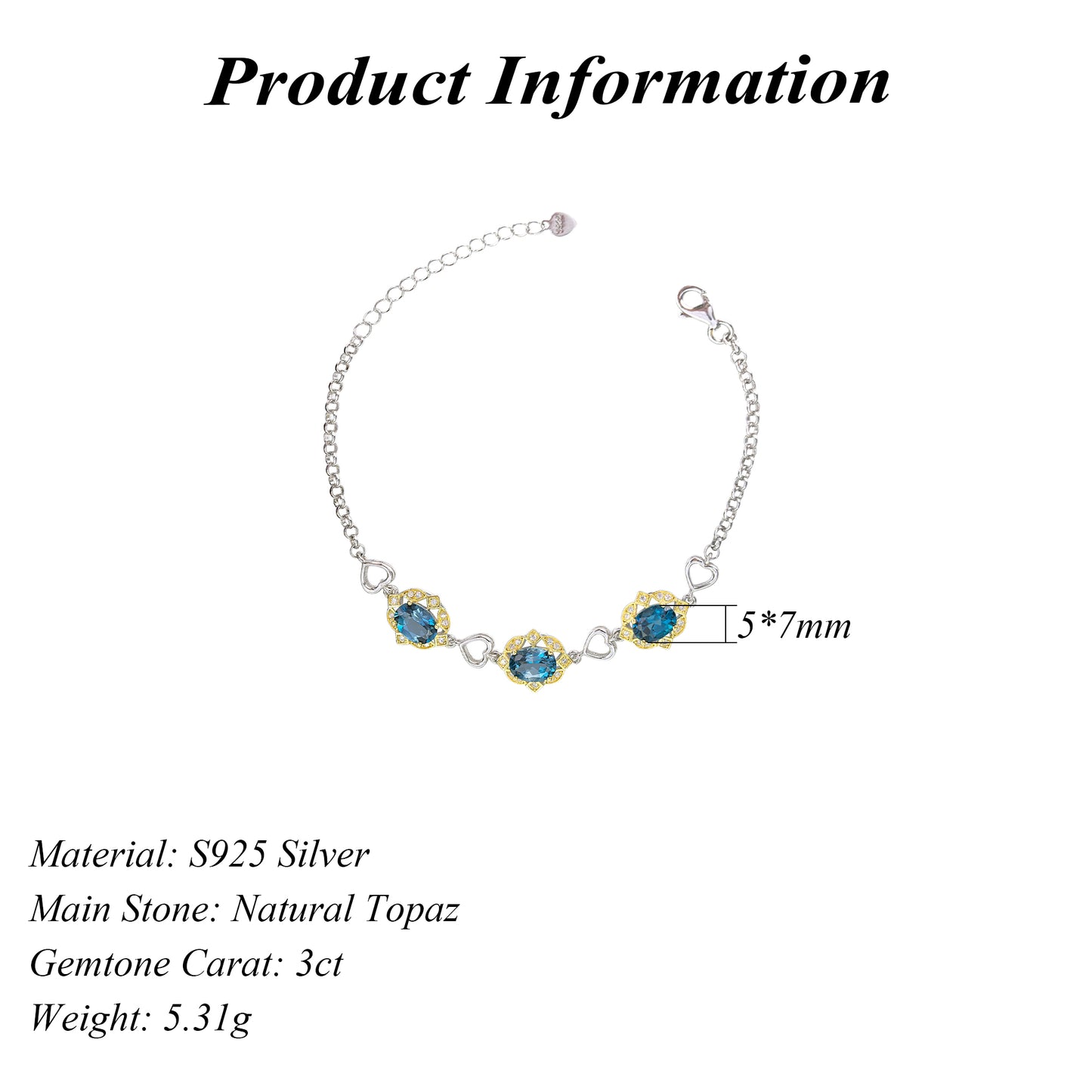 Dual Color Plated Heart Shaped 925 Silver Natural London Blue Topaz Bracelet