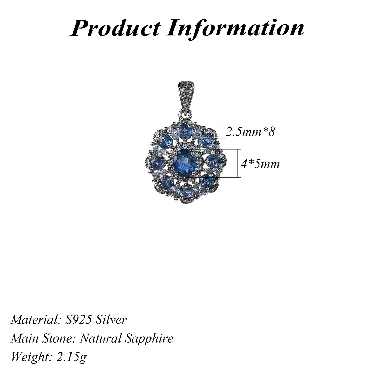 Graceful Rhodium Plated 925 Silver Jewelry Natural Sapphire Pendant