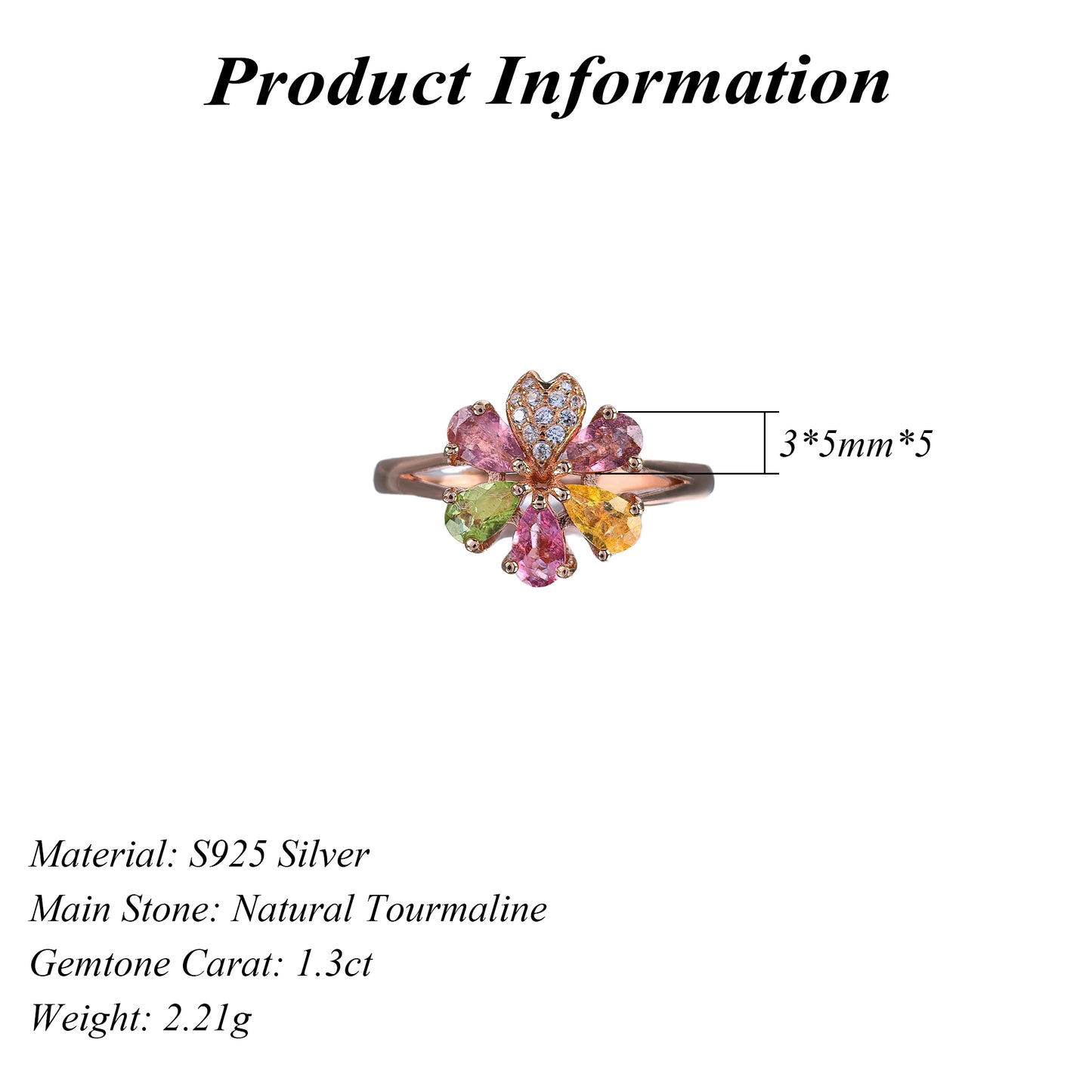 Exquisite Rose Gold Plated 925 Silver Jewelry Natural Tourmaline Flower Ring
