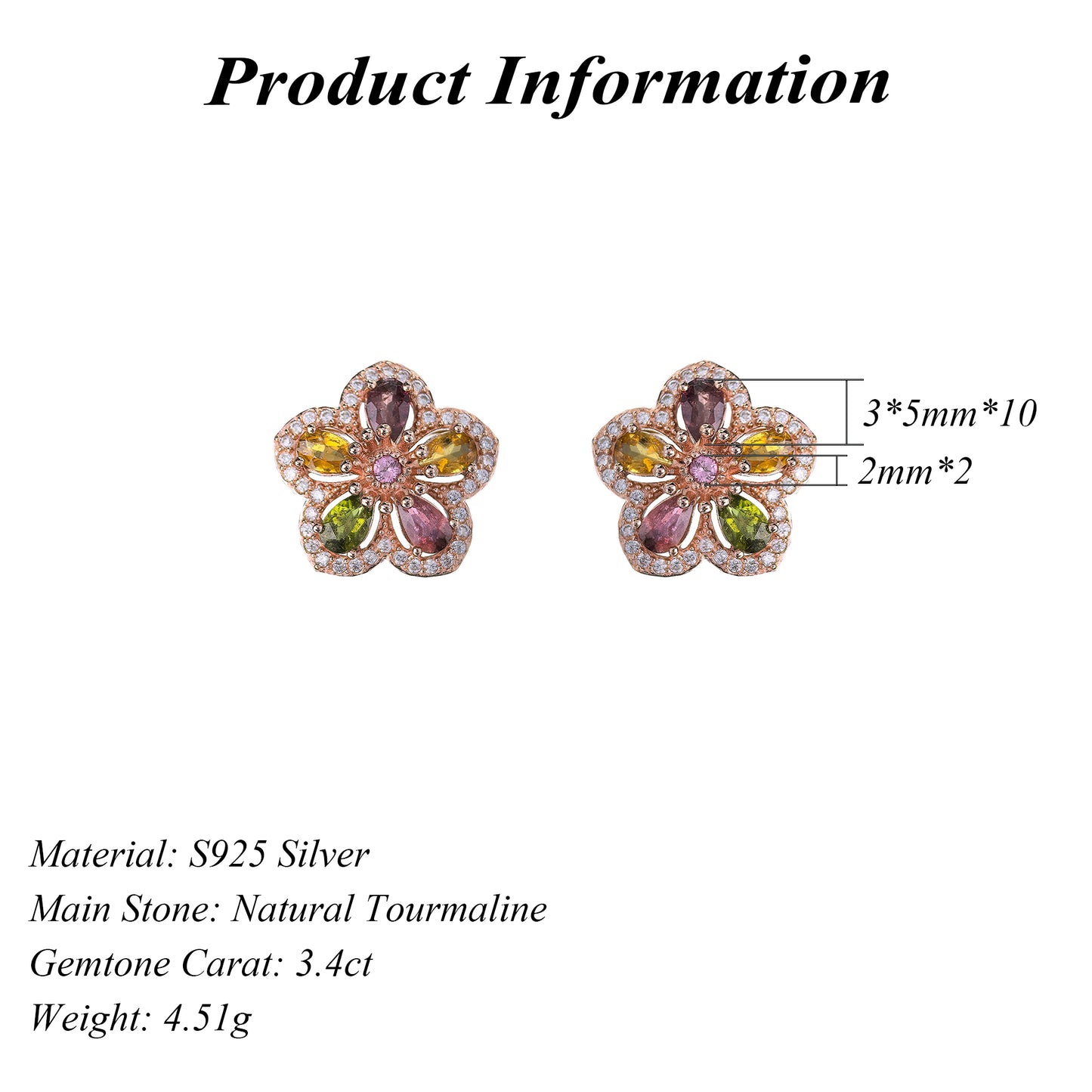 Gorgeous Rose Gold Plated 925 Sterling Silver Natural Tourmaline Flower Stud Earrings