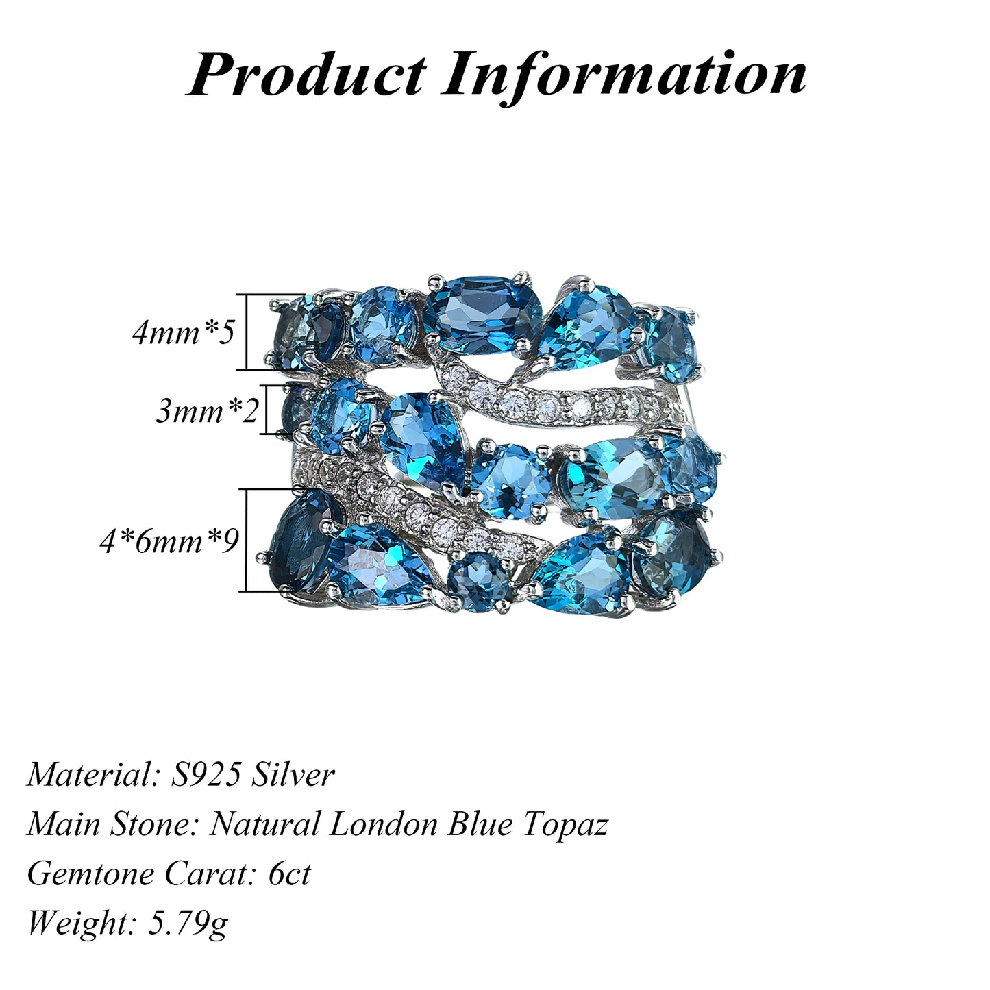 Dazzling Rhodium Plated 925 Silver Jewelry Natural London Blue Topaz Ring