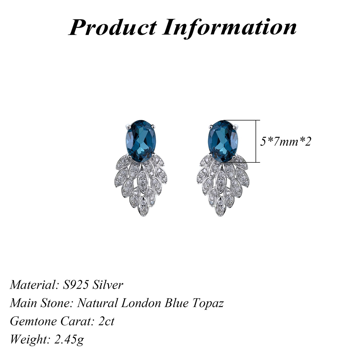 Gorgeous Rhodium Plated S925 Silver Natural London Blue Topaz Stud Earrings