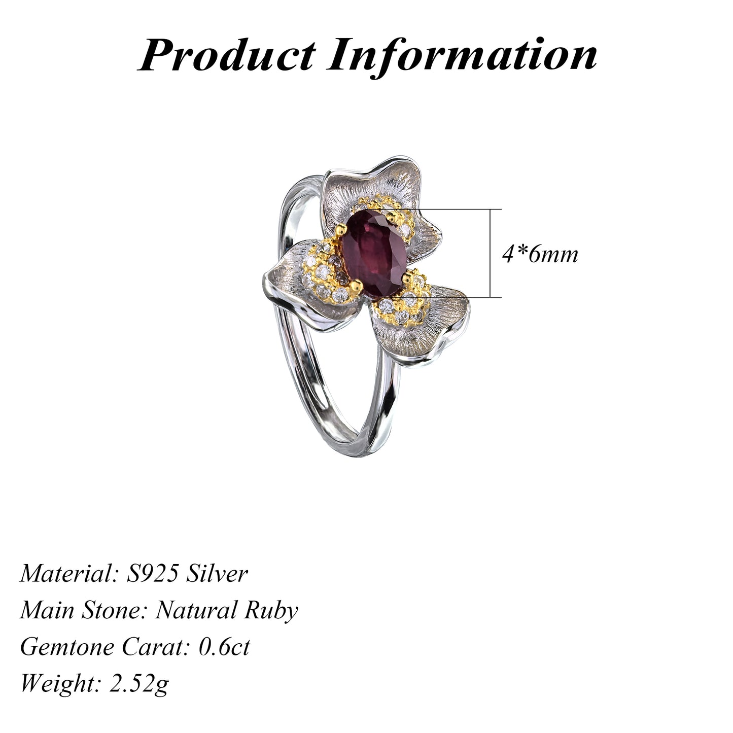 Elegant Dual Color Plated Silver 925 Jewelry Natural Ruby Flower Ring