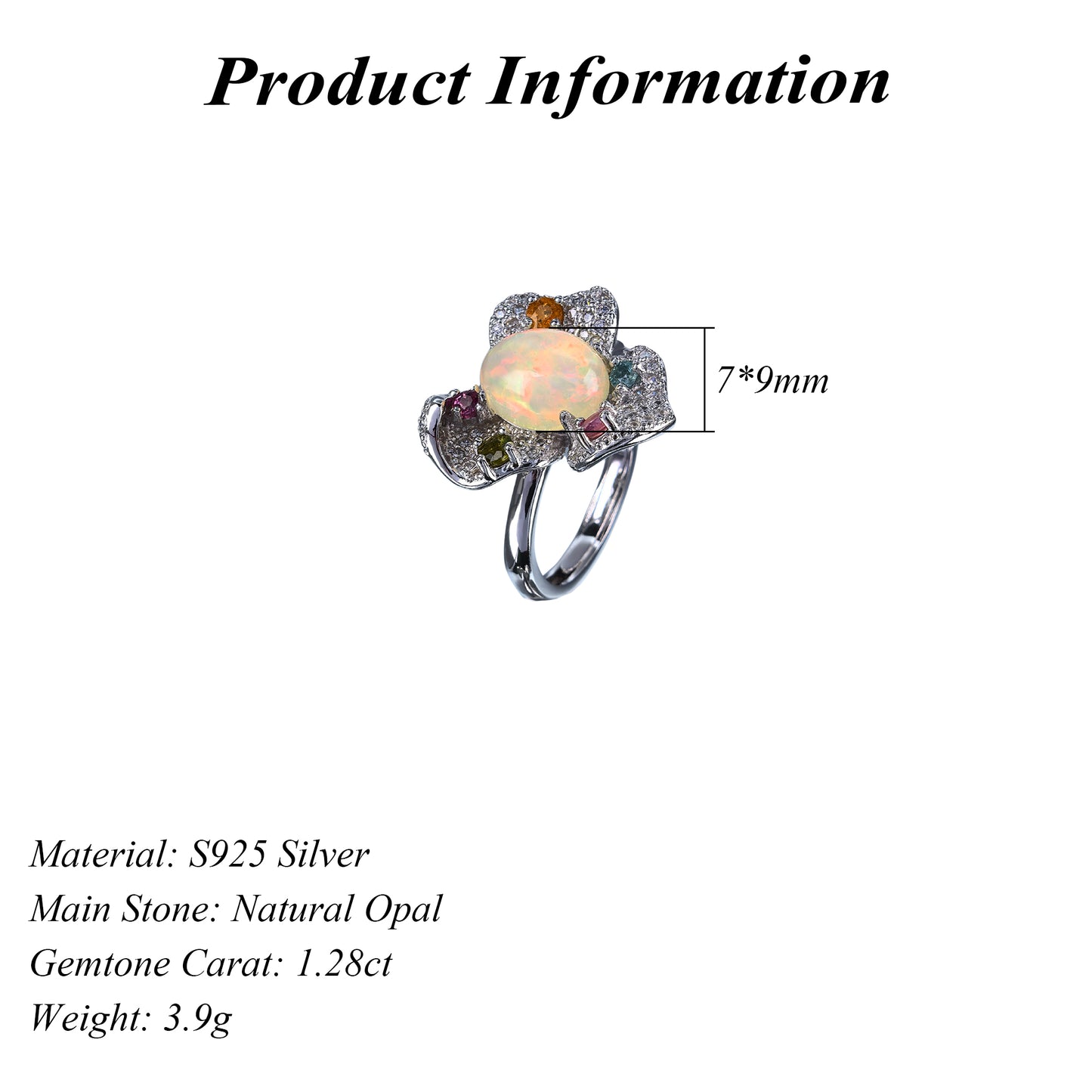 Graceful Rhodium Plated 925 Silver Jewelry Natural Opal Flower Ring