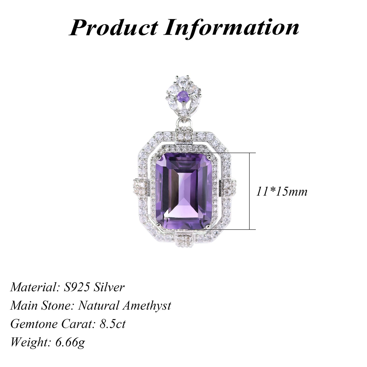 925 Silver Natural Amethyst Pendant Dazzling Rhodium Plated Emerald Cut