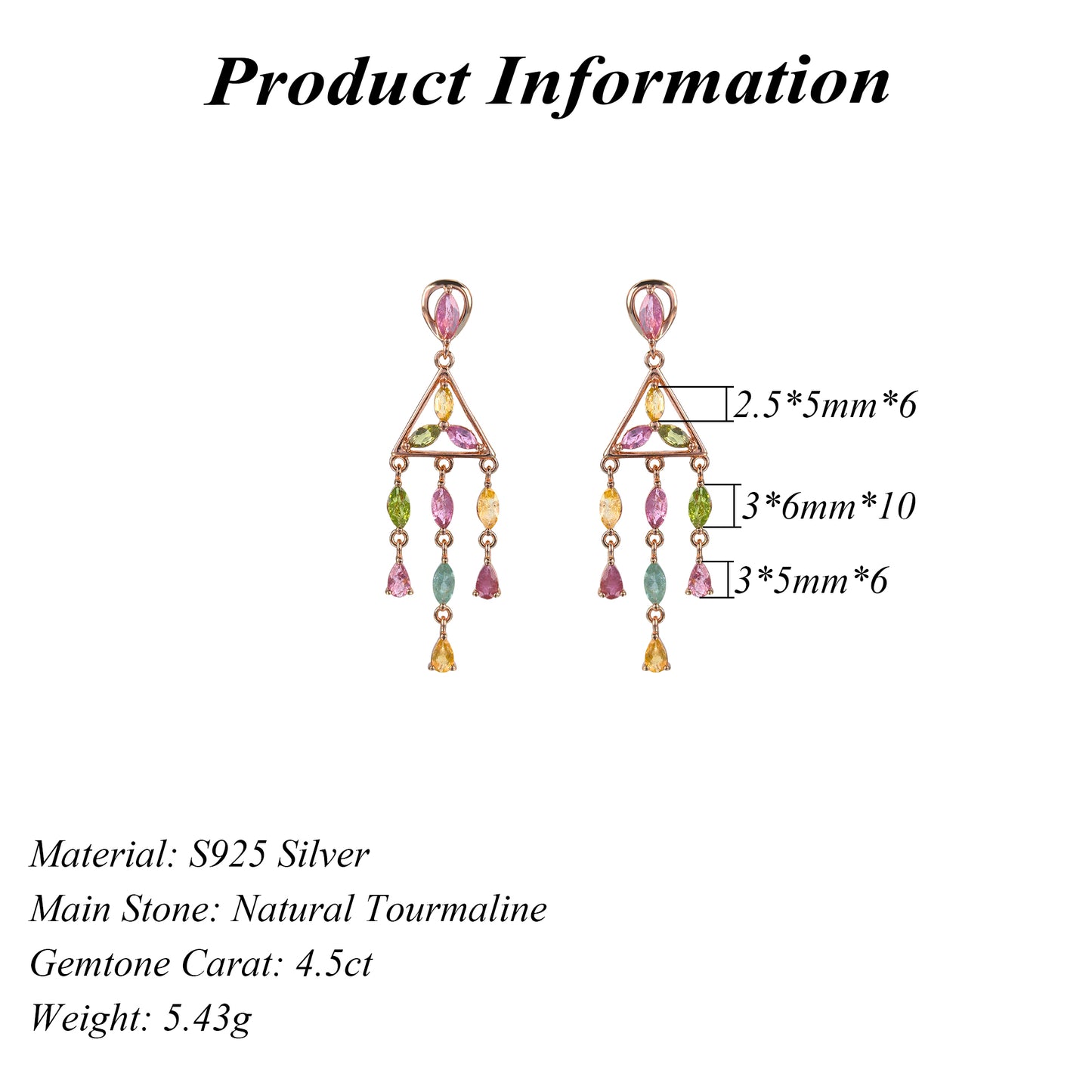 Elegant Rose Gold Plated 925 Silver Jewelry Natural Tourmaline Triangle Drop Earrings