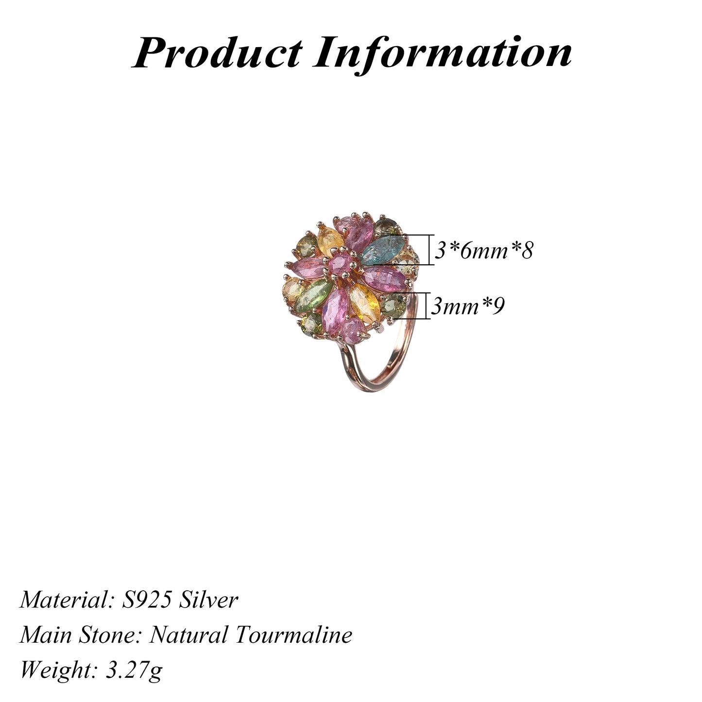 Charming Rose Gold Plated Silver 925 Jewelry Natural Tourmaline Flower Ring