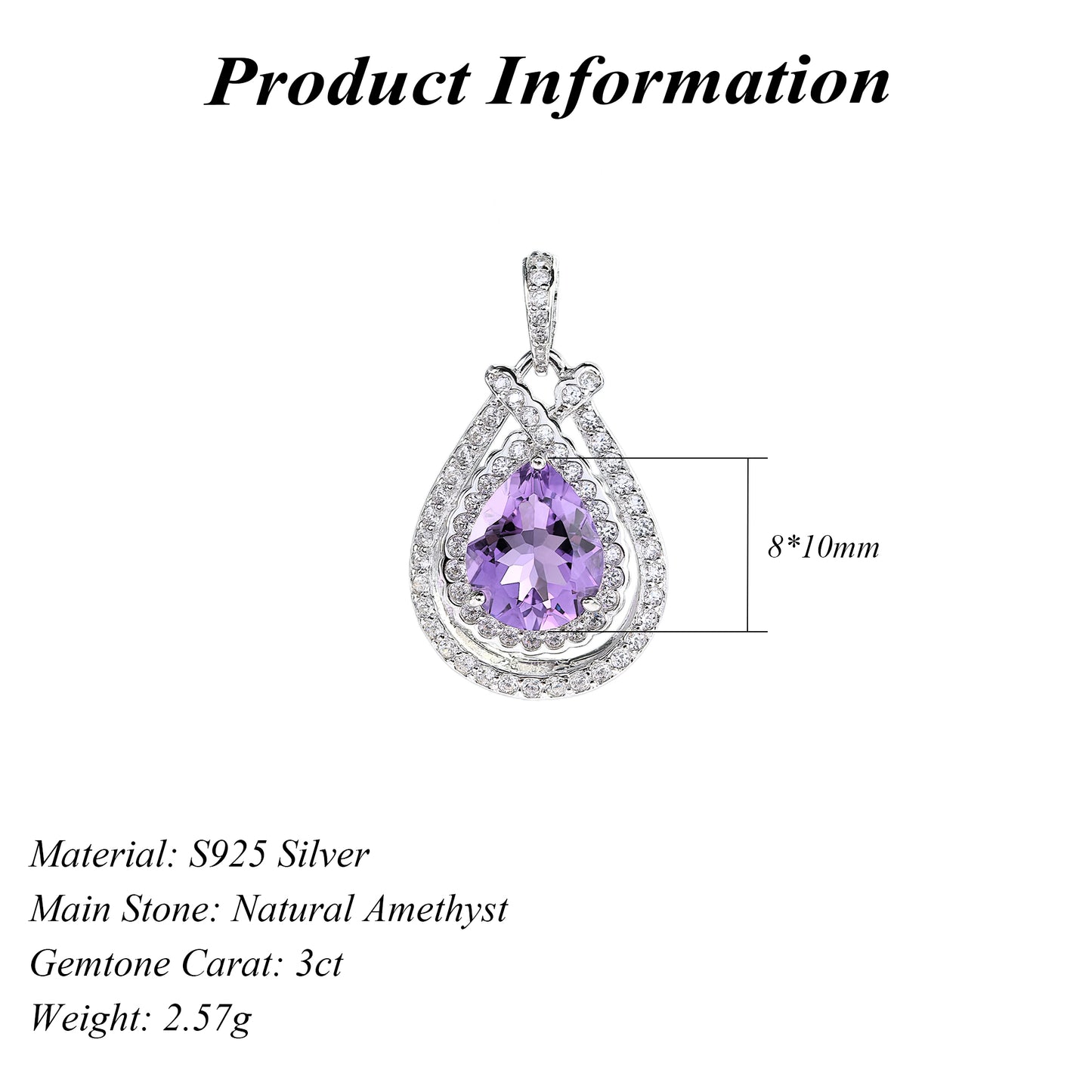 925 Silver Refined Rhodium Plated Pendant with Natural Amethyst