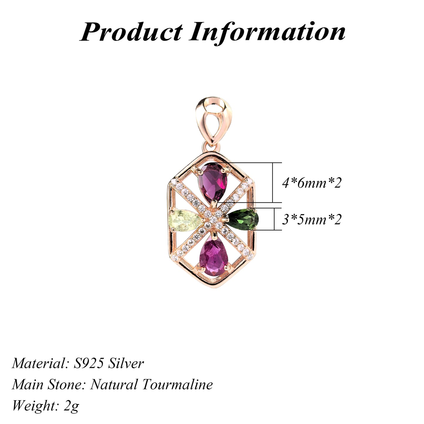 Graceful Rose Gold Plated 925 Sterling Silver Natural Tourmaline Pendant