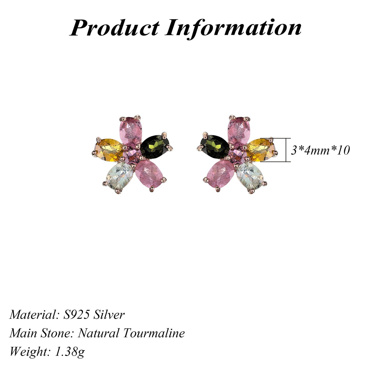Rose Gold Plated 925 Prata Natural Tourmaline Stud Earrings