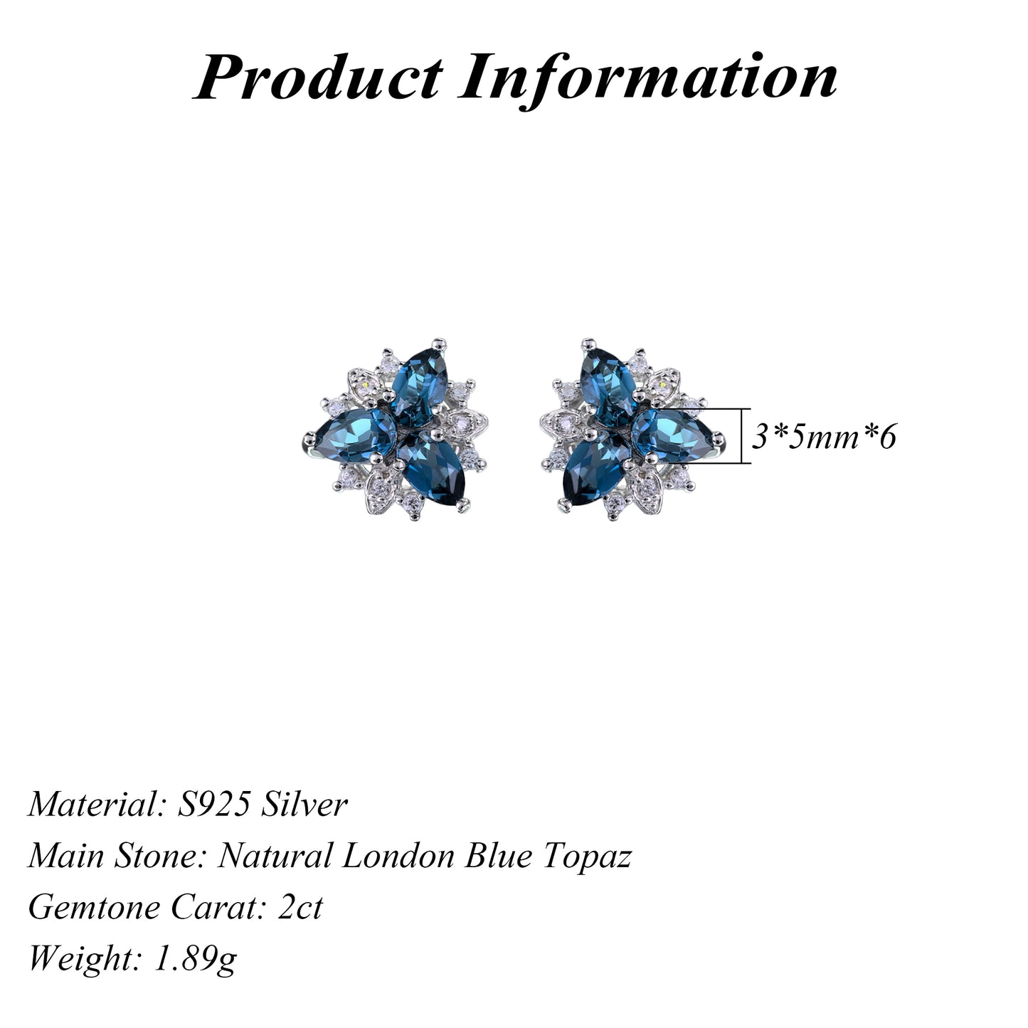 Exquisite Rhodium Plated Silver 925 Natural London Blue Topaz Clover Stud Earrings