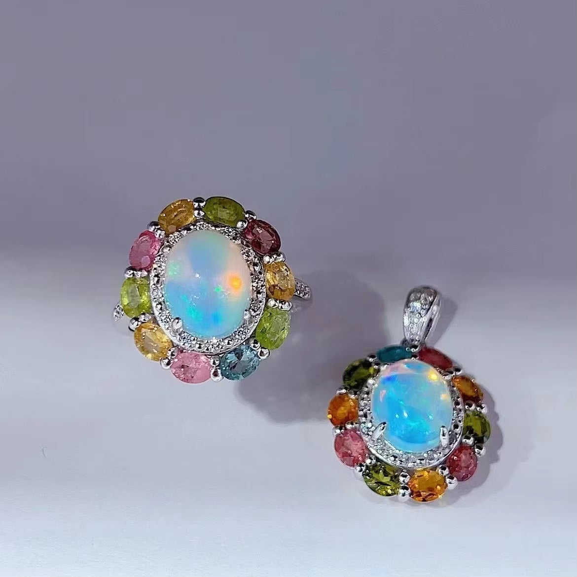 Delicate Rhodium Plated Silver 925 Jewelry Natural Opal Flower Jewelry Set