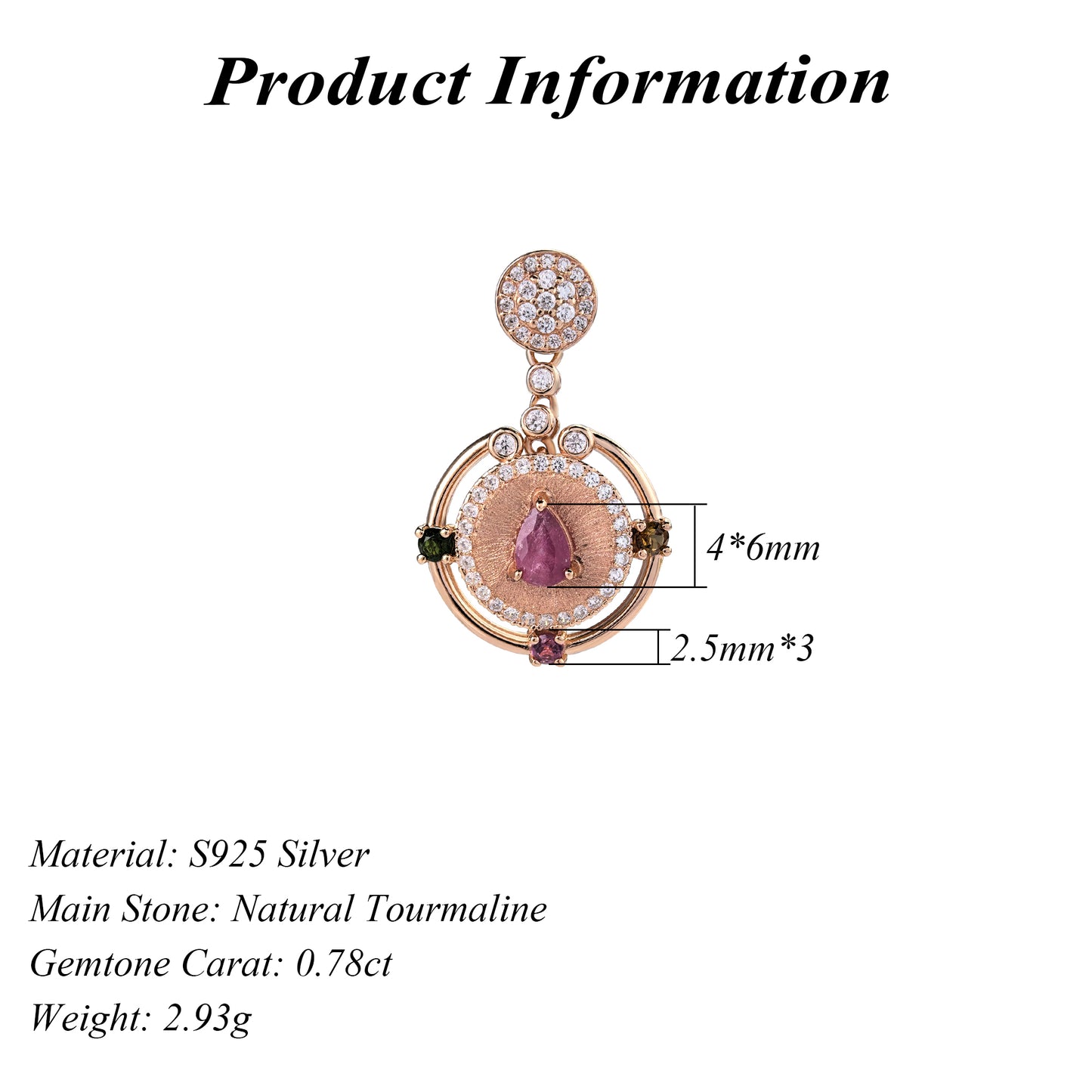 Charming Rose Gold Plated Silver 925 Jewelry Natural Tourmaline Pendant
