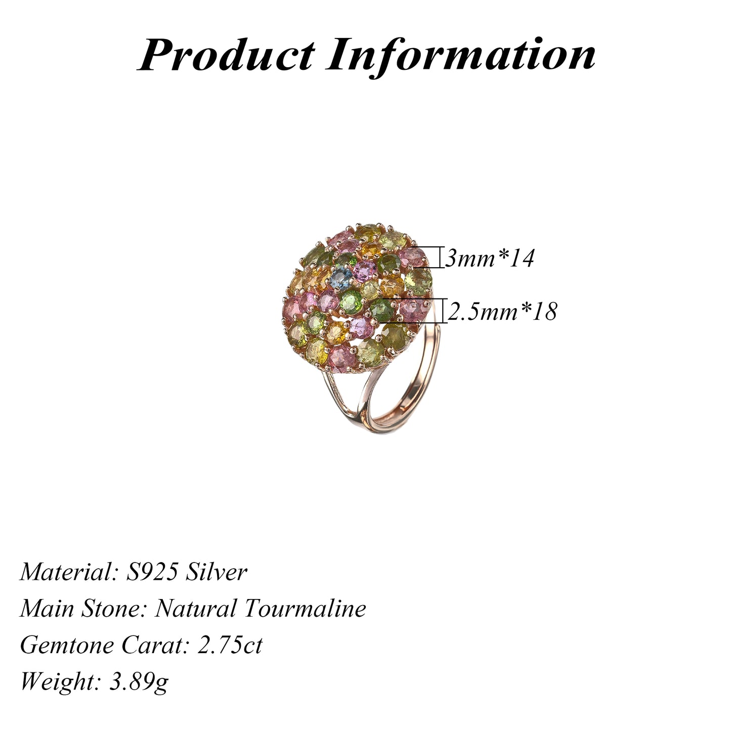 Graceful Rose Gold & Silver 925 Jewelry Natural Tourmaline Gemstone Ring