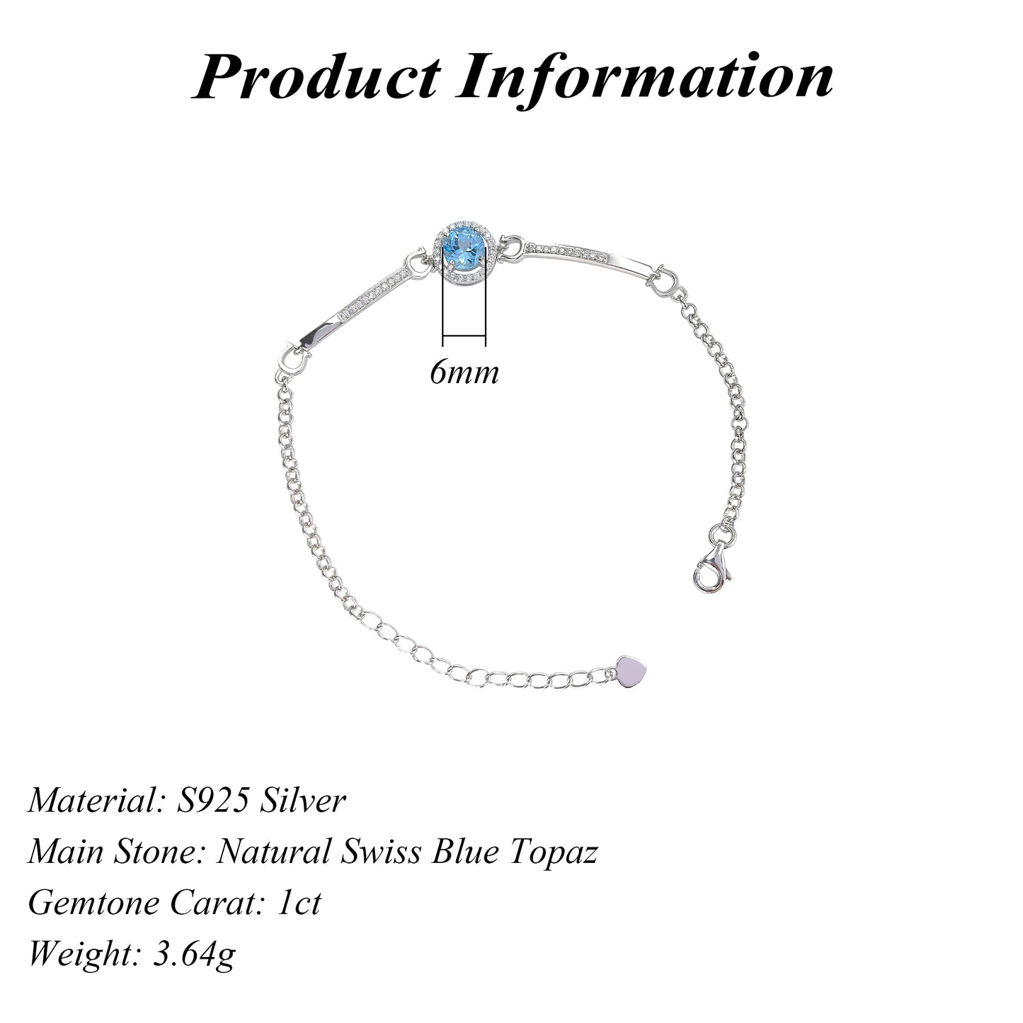 Sparkling Rhodium Plated Silver 925 Jewelry Natural Swiss Blue Topaz Bracelet