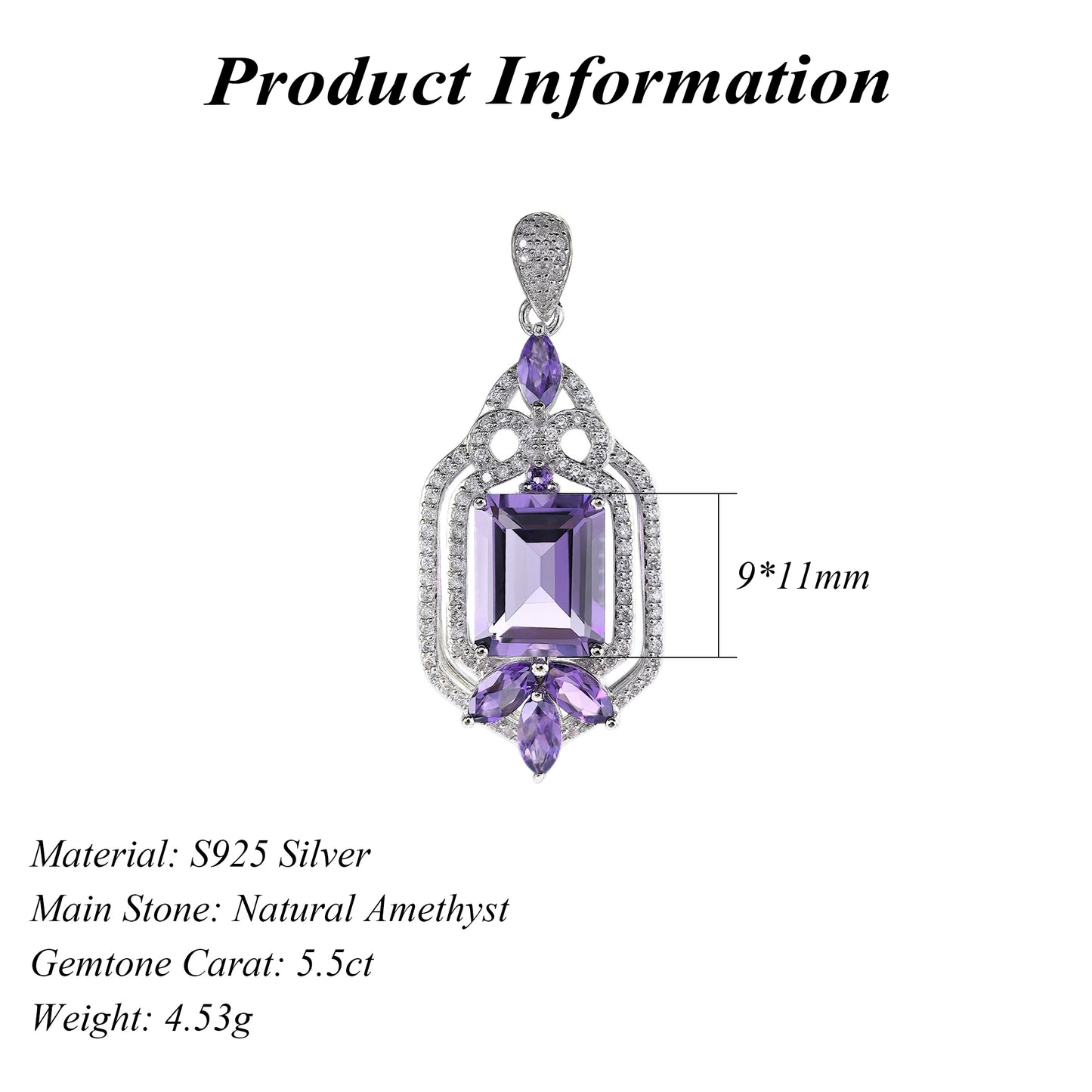 Delicate Rhodium Plated 925 Silver Pendant with Emerald Cut Natural Amethyst
