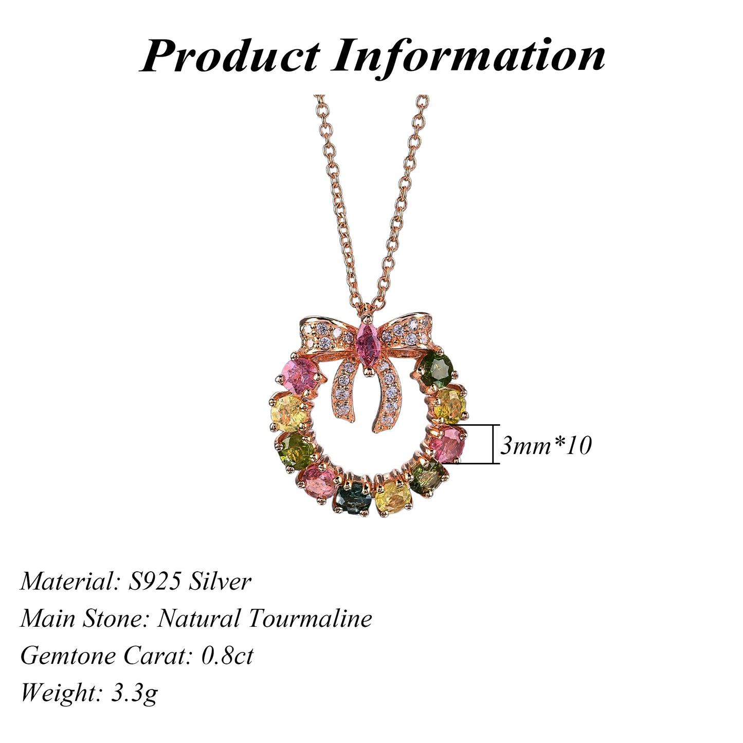 Delicate Rose Gold Plated Silver 925 Jewelry Natural Tourmaline Bow Necklace